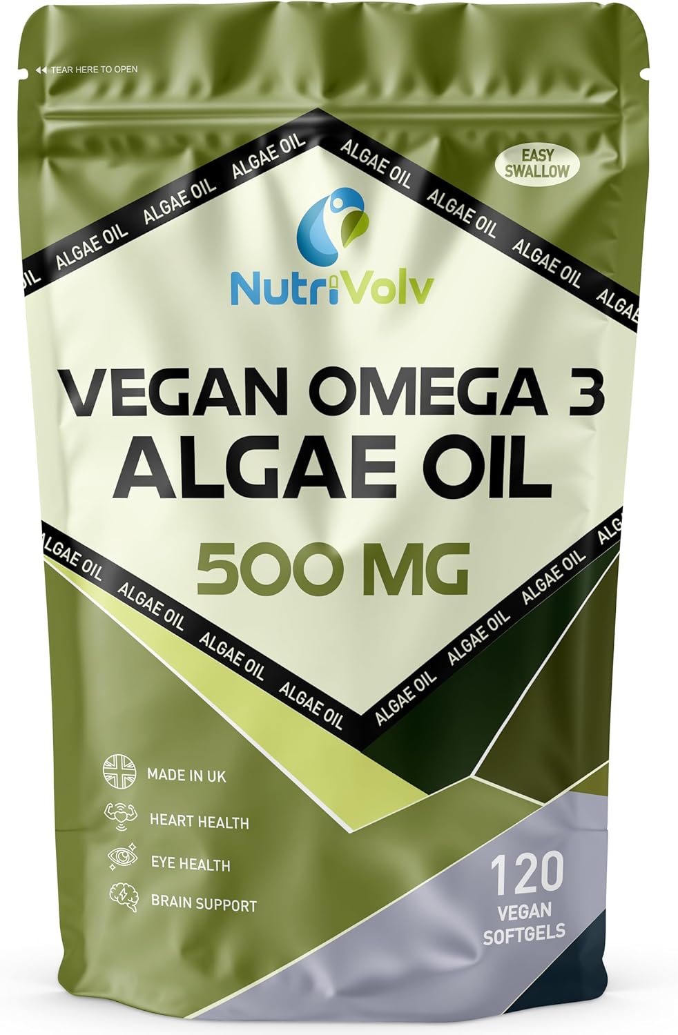 Vegan Omega 3 Algae Oil 500mg | 120 Vegan Softgels | DHA 200mg & EPA 100mg | Vegan Alternative to Omega 3 Fish Oil | Supports Eye, Brain & Heart Health | Essential Fatty Acid