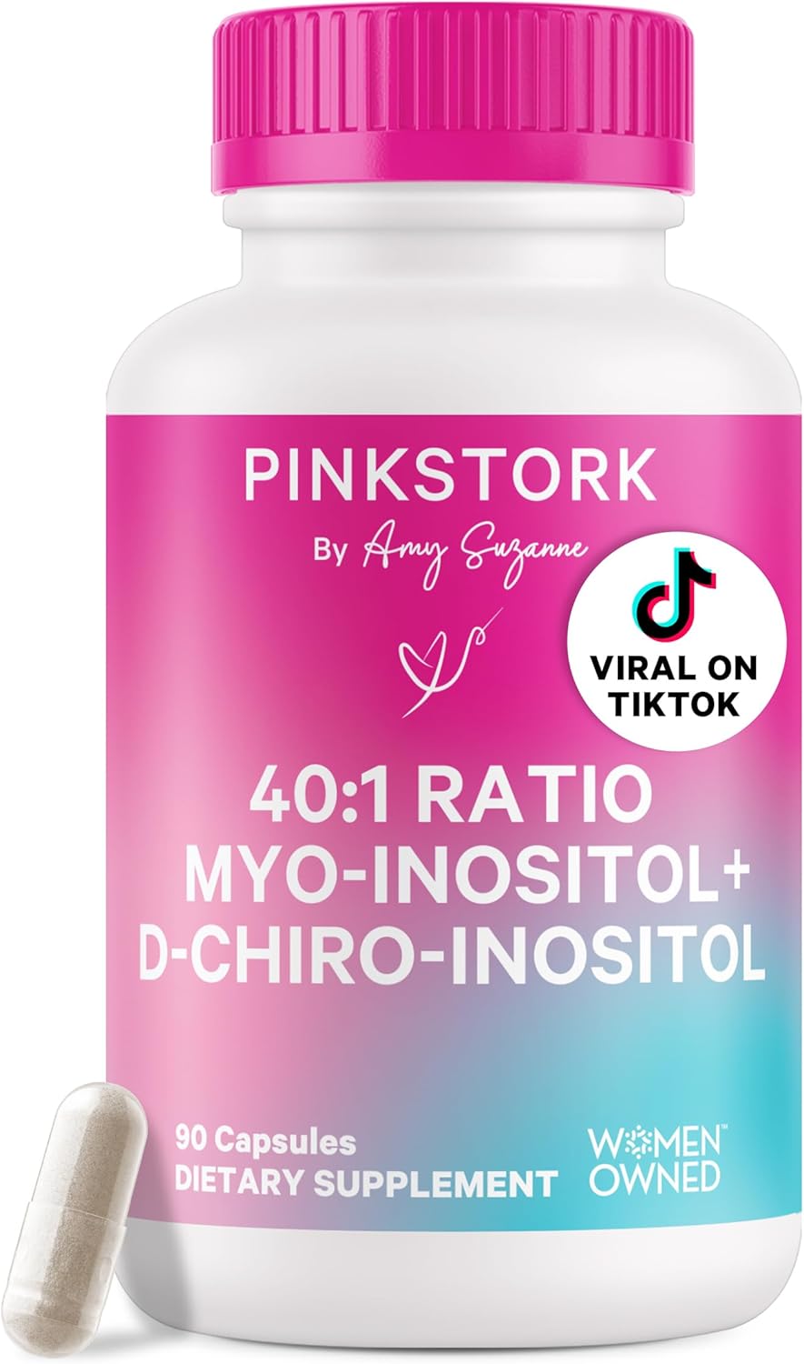 Pink Stork Inositol Supplement for Women - 40:1 Ratio Myo-Inositol & D-Chiro Inositol - Hormone Balance for Women - 2-in-1 Fertility + Ovarian Support - Health, Mood, Energy - 90 Capsules