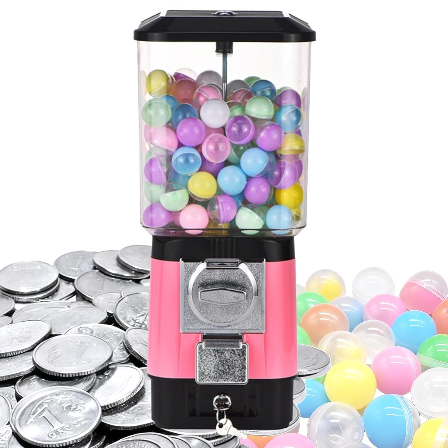 Candy Vending Machines,Coin Operated Bubble Gum Machine,200 Empty Balls, 100 Stainless Steel Tokens,Coin Operated Gumball Bank for Toy Capsules Bouncy Balls Candy,for Game Stores(Pink)