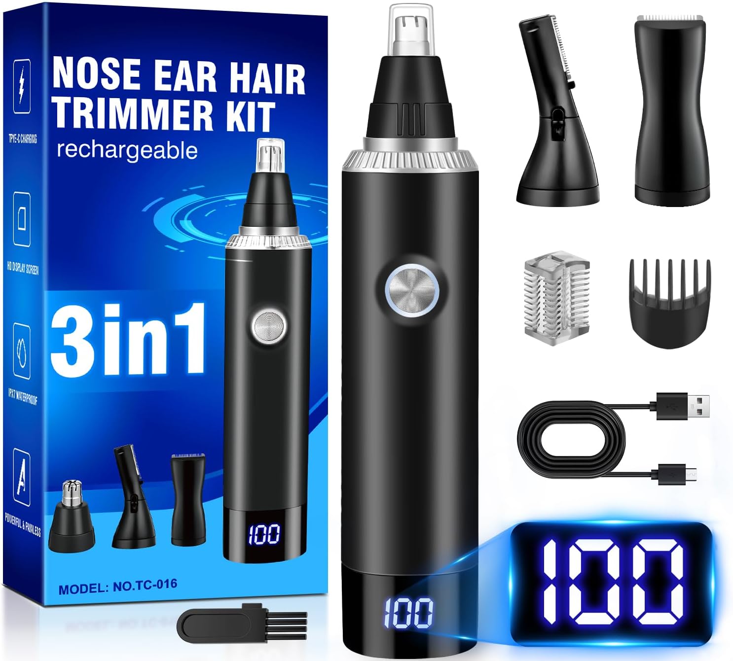 Rechargeable Nose Hair Trimmer for Men and Women, 3-in-1 Professional Painless Eyebrow and Facial Hair Trimmer, IPX7 Waterproof Nose Trimmer Men with Dual Edge Blades,Eyebrow Trimmer
