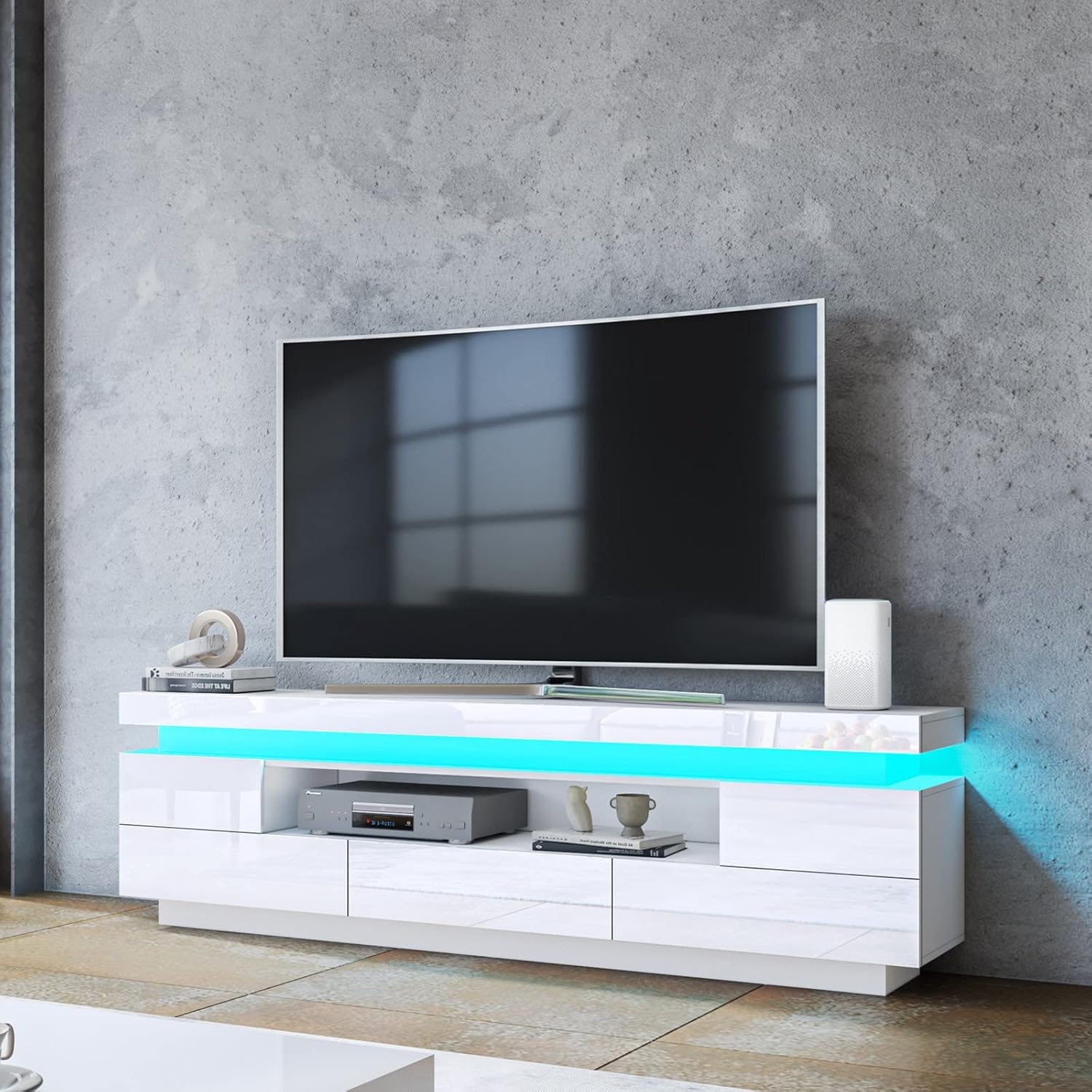 TV Stand with LED Light 5 Drawers 1 Open Case Modern White 150CM