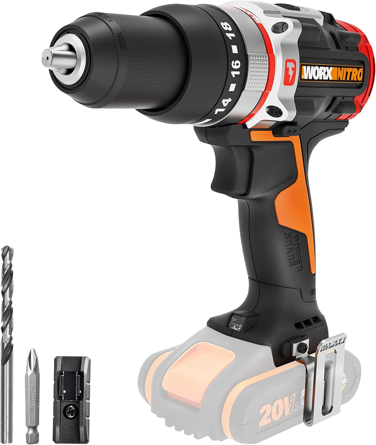 WORX Nitro 18V(20V MAX) Cordless Impact Drill, PowerShare, Slammer Drill, Brushless Motor, 60N.m, 2-Speed Control, 10mm in Reinforced Concrete, Bare Tool Only, 1 x 8mm Masonry Drill Bit, WX354.9