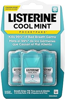 Listerine Cool Mint Pocketpaks Breath Strips Kills Bad Breath Germs, 24-Strip Pack, 3 Pack