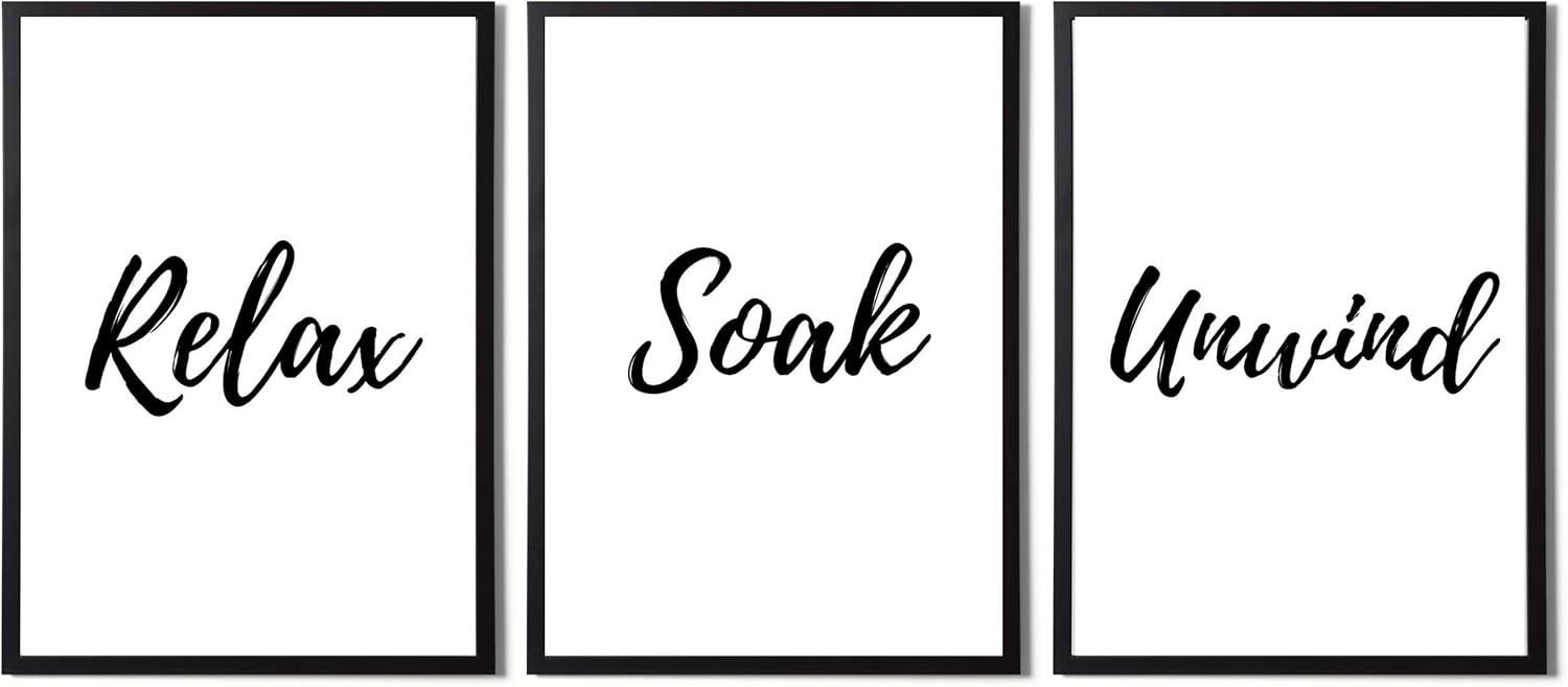 State Media Vision Relax Soak Unwind Modern Bathroom Wall Art - Set Of 3 Minimal Bathroom Decor (Set 1, A4 Framed)