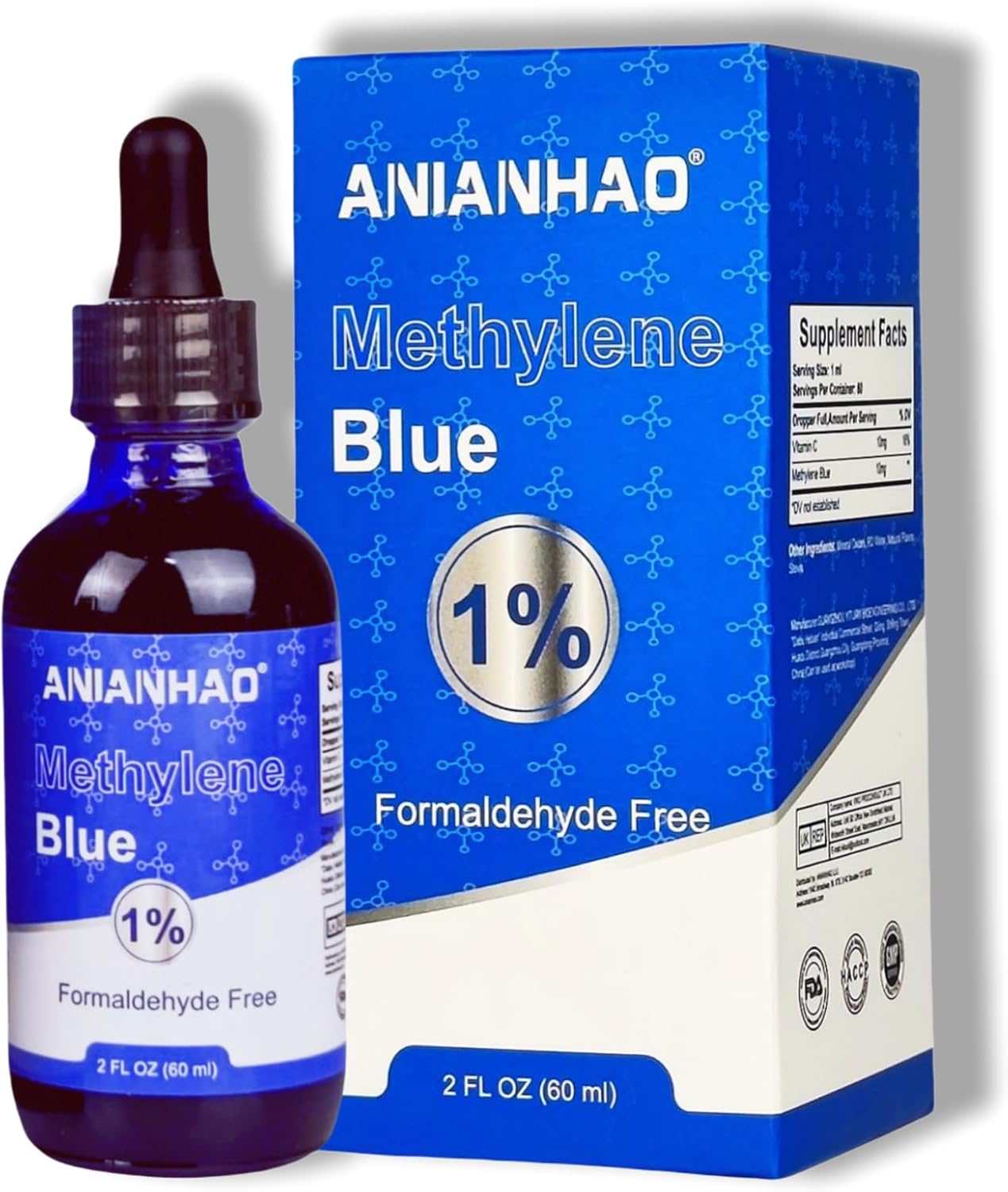 60ml Pharmaceutical Grade Methylene Blue 1%, Third-Party Tested USP-Grade Methylene Blue for Humans, Formaldehyde and Alcohol Free Methylene Blue Pharmaceutical Grade in Amber Dropper Bottle