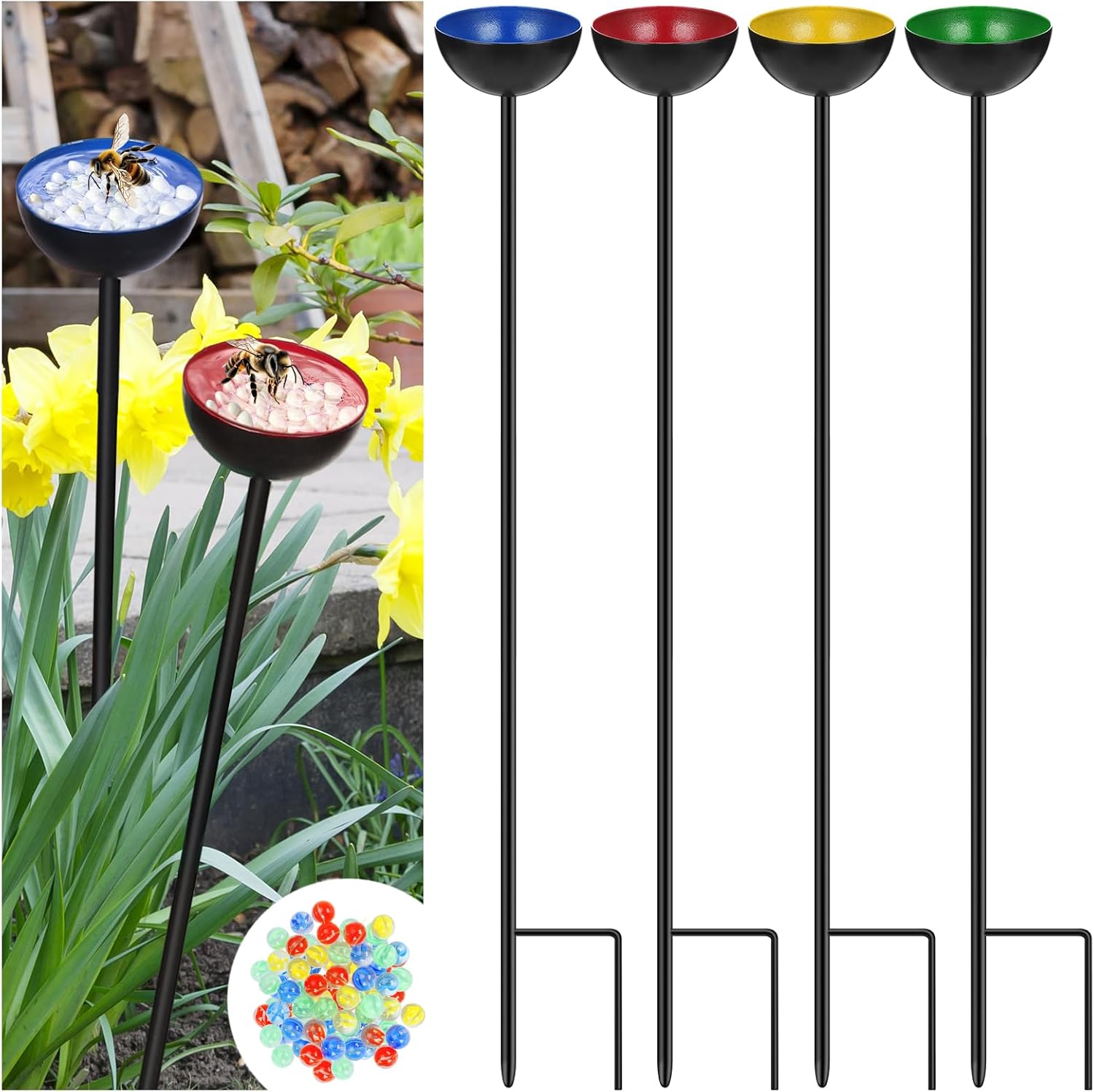 Lineshading 4-Pcs Butterfly Bee Watering Station with Catcher Cups - Small Insects Bee Feeders for Outside Feeding & Watering - Metal Garden Stakes & Sculpture Decor