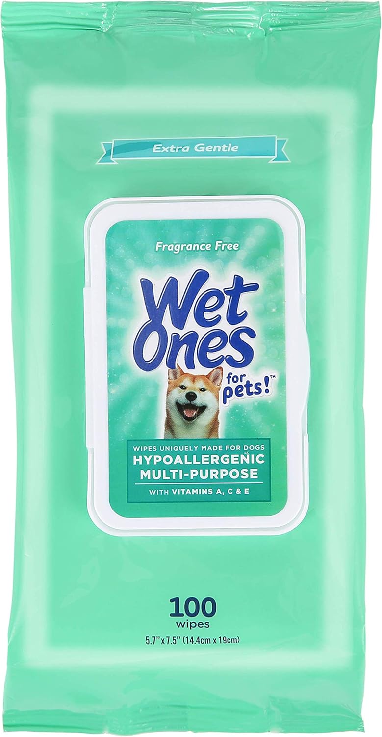 Wet Ones for Pets Hypoallergenic Multi-Purpose Dog Wipes with Vitamins A, C & E No Fragrance Hypoallergenic Dog Wipes for All Dogs Wipes Multipurpose Pouch Dog Wipes (Pack of 1, 100 Count Total)