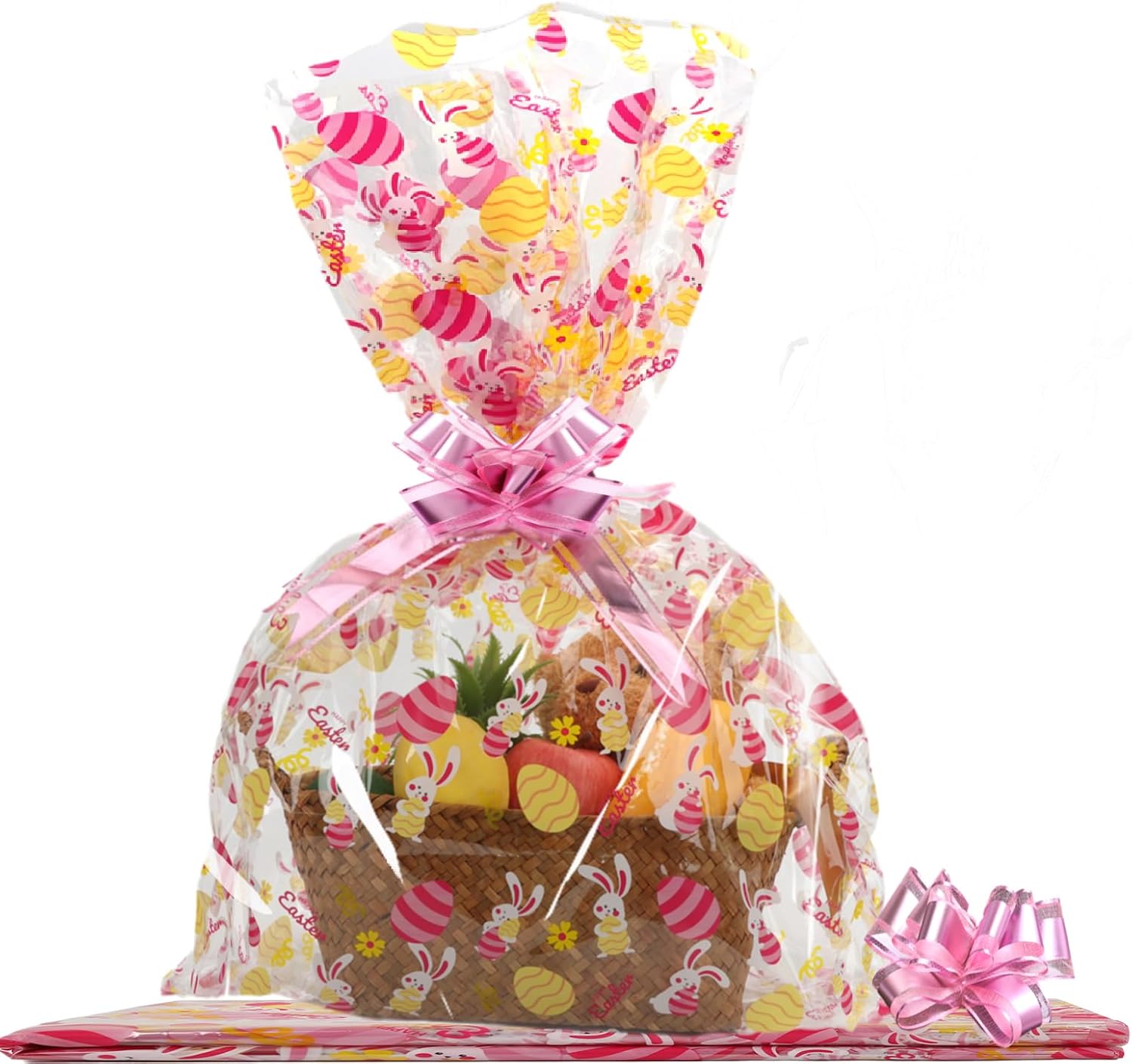 SUREHOME Cellophane Bags for Gift Baskets 24 x 30 Inch Large Clear Gift Bags for Easter Baskets Wrap, Set Of 10 Plastic Cello Bunny Treat Bag with Pull Bow Ribbon for Large Easter Basket