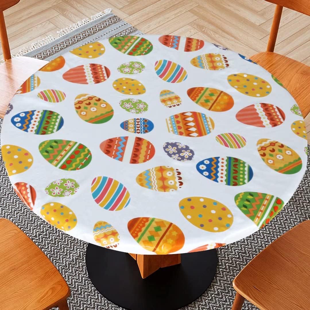 Fitable Easter Fitted Table Cover - Waterproof Colorful Egg Elastic Edged Tablecloth Vinyl Wipeable Table cloth for Holiday Dining Table, Dinner, Party, Family Gathering (Fit for 45”-56” Round Tables)