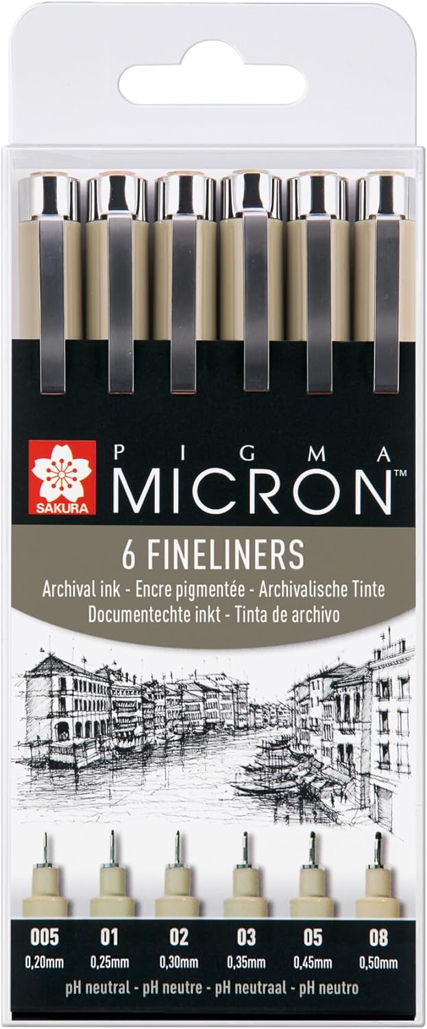 SAKURA Pigma Micron Fineliner Pens Set of 6, Waterproof, Permanent Black Ink, Assorted Sizes | Pens for Writing, Drawing & Journaling