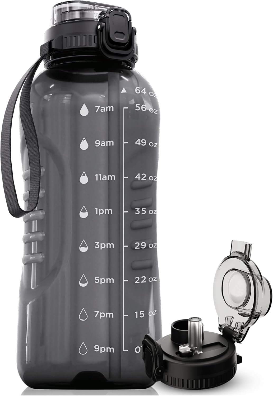 AQUAFIT 64 oz Water Bottle with Time Marker - 2in1 Straw & Chug Lid - BPA Free Big Water Bottle with Straw - Gym Water Bottle with Strap - Water Jug (64 Ounces, Gray)