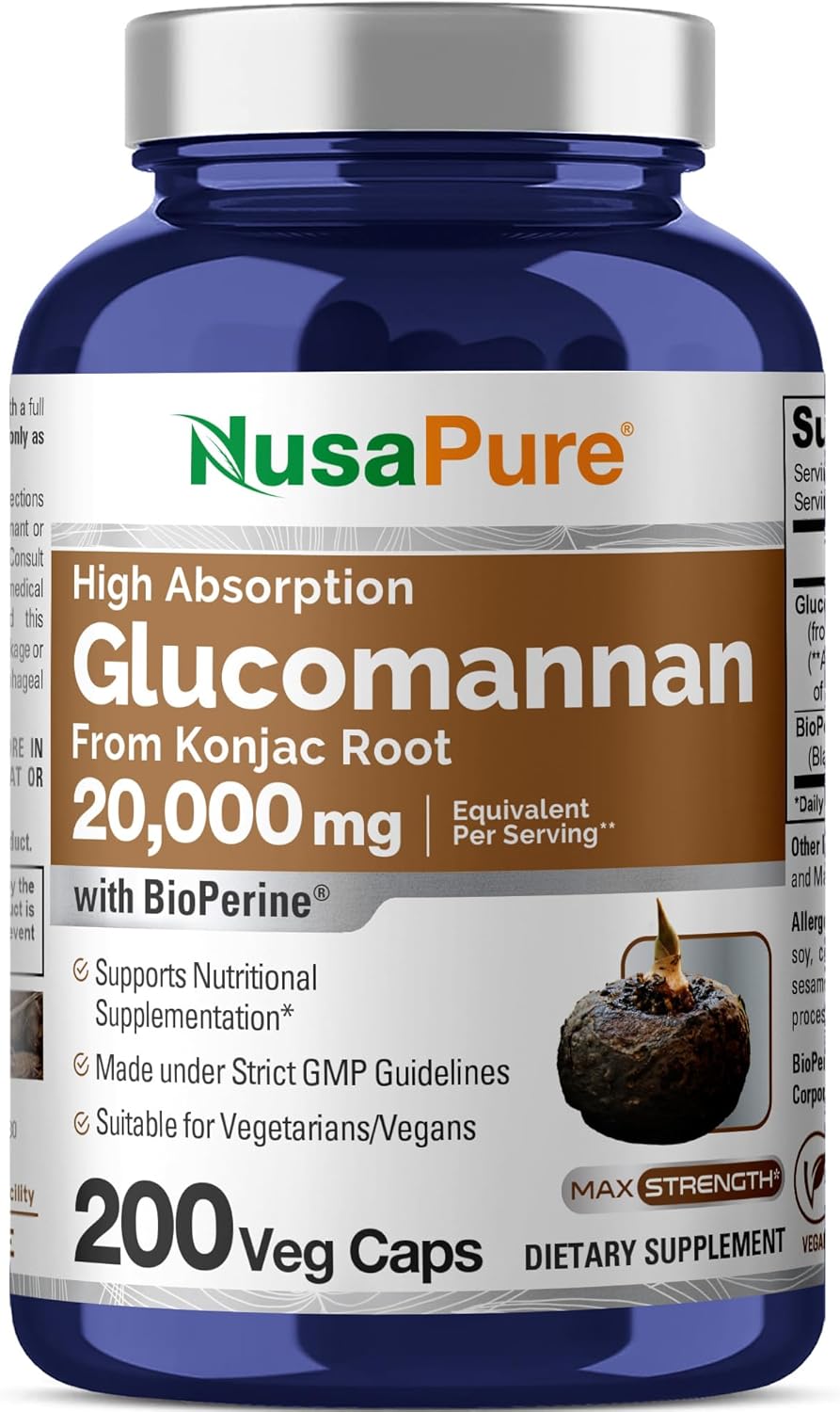 NusaPure Glucomannan 20,000 mg per Serving 200 VCaps (20:1 Extract, BioPerine Non-GMO, Vegan) Konjac Root