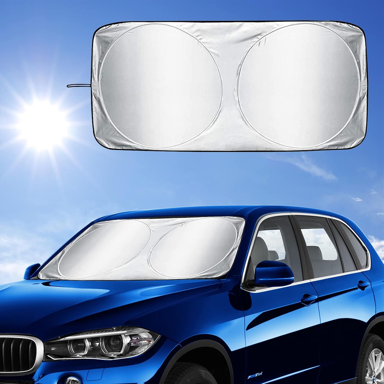 Car Windscreen Sun Shade Front Windshield Sunshade Foldable Sun Shade Visor Cover Reflective UV Dust Protector Automotive Ray Protection Block Parasol Keep Vehicle Cool Fit Various Sizes (150 x 85 cm)