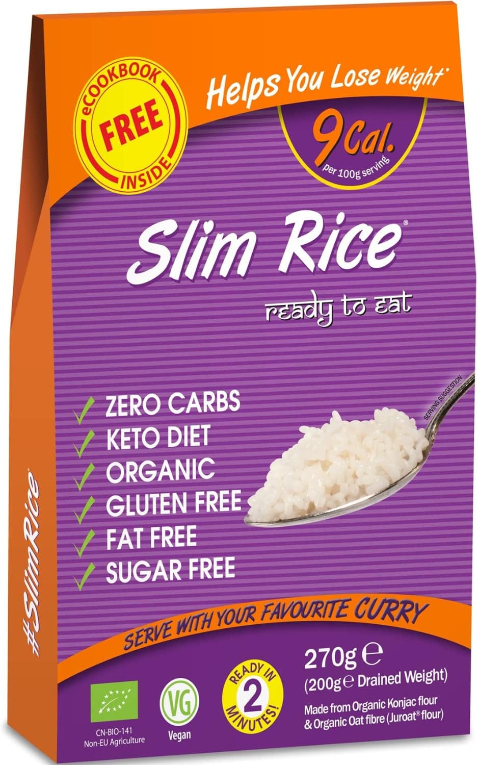 Eat Water Slim Rice Pack Of 1 - Gluten Free Keto Paleo Diet Low Calorie - High In Protein Fat Free Ready To Eat Meal