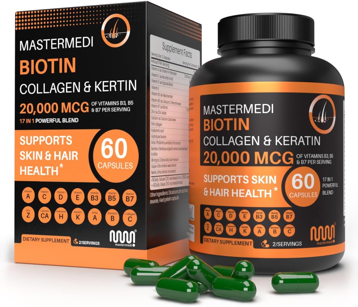 mastermedi Biotin Collagen & Keratin – 17-in-1 Beauty Blend | 20,000mcg Biotin per Serving | Supports Skin, Hair & Nail Health | 60 Capsules | 30-Day Supply