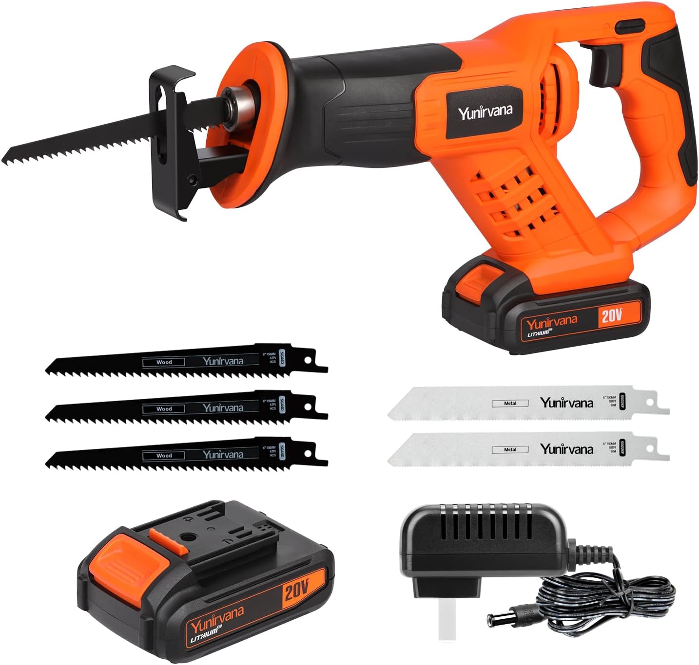 20V Reciprocating Saws, Variable Speed 0-3000 SPM Cordless Reciprocating Saw, Tool-Free Blade Change, 3pcs 6" Wood Saw Blades & 2pcs 6" Metal Saw Blades, with 2.0Ah Batteries & Fast Charger