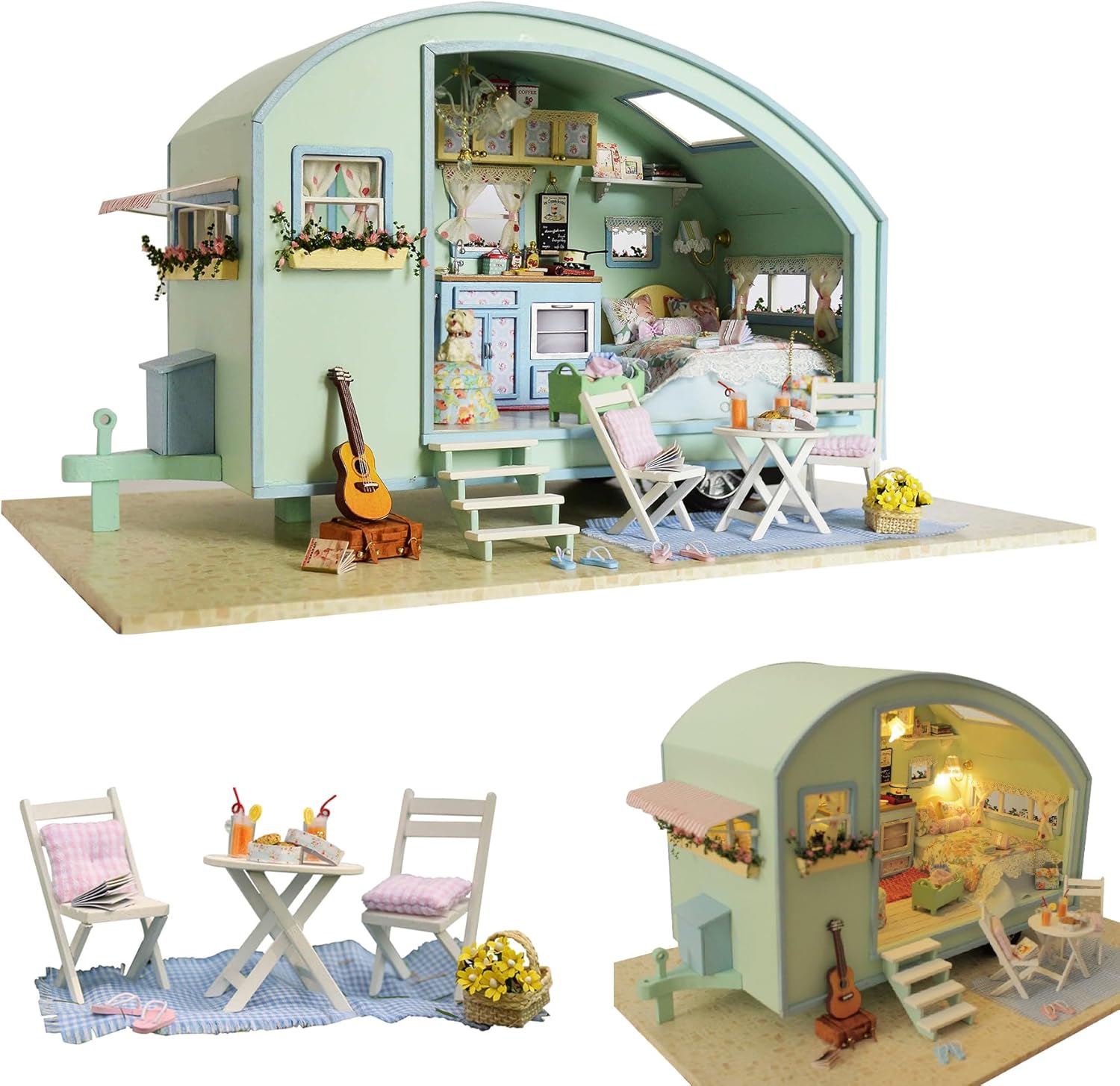 CUTEROOM DIY Miniature Wooden Caravan Dollhouse Kit with Furniture - Creative Mini Doll House Craft for Adults, Teens for Women & Girls