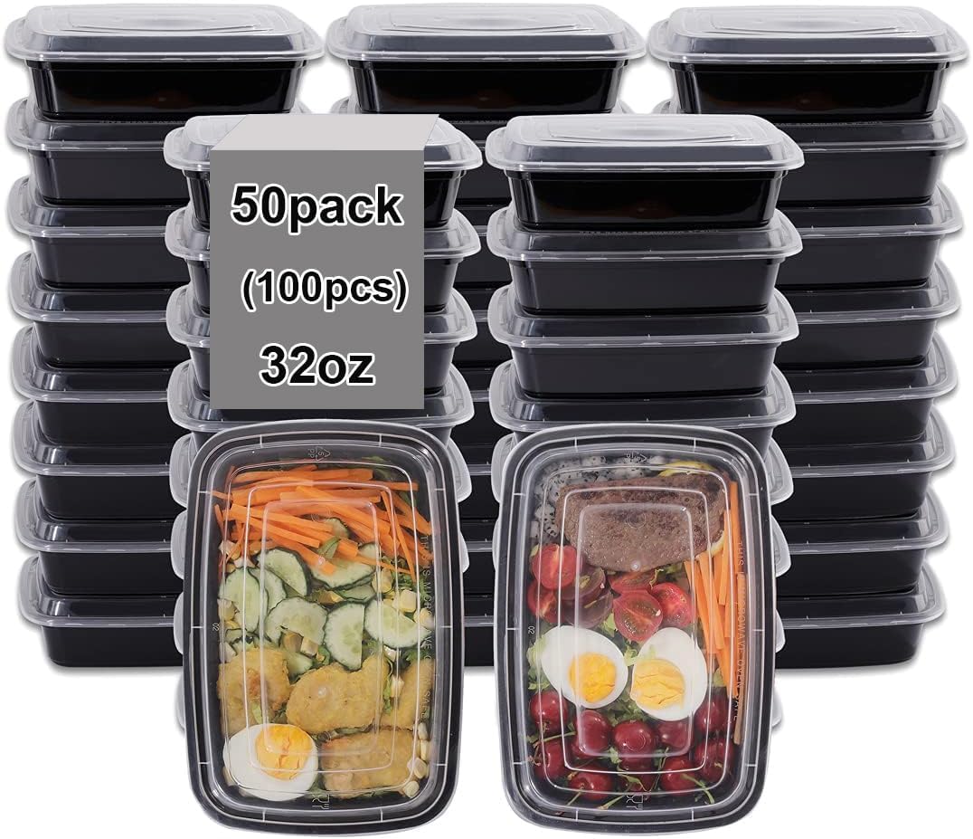LIYH 50 Pack 32 oz Meal Prep Containers Food Storage Containers Black 1 Compartment Food Containers with Lids Lunch Boxes Plastic Bento Box Reusable Microwaveable & Dishwasher Safe