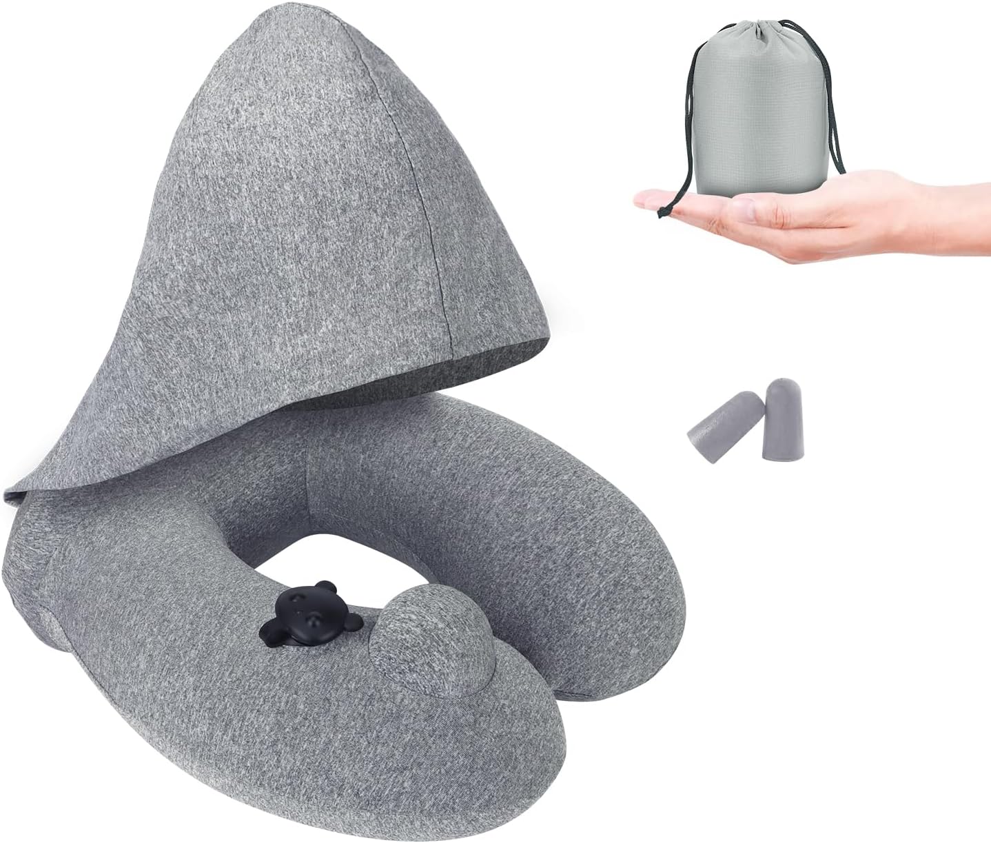 OWill Inflatable Travel Pillow，Ergonomic Push Adult Hooded Travel Neck Pillow Memory Foam，Inflatable Travel Pillow Cushion for Airplane Car Train Camping