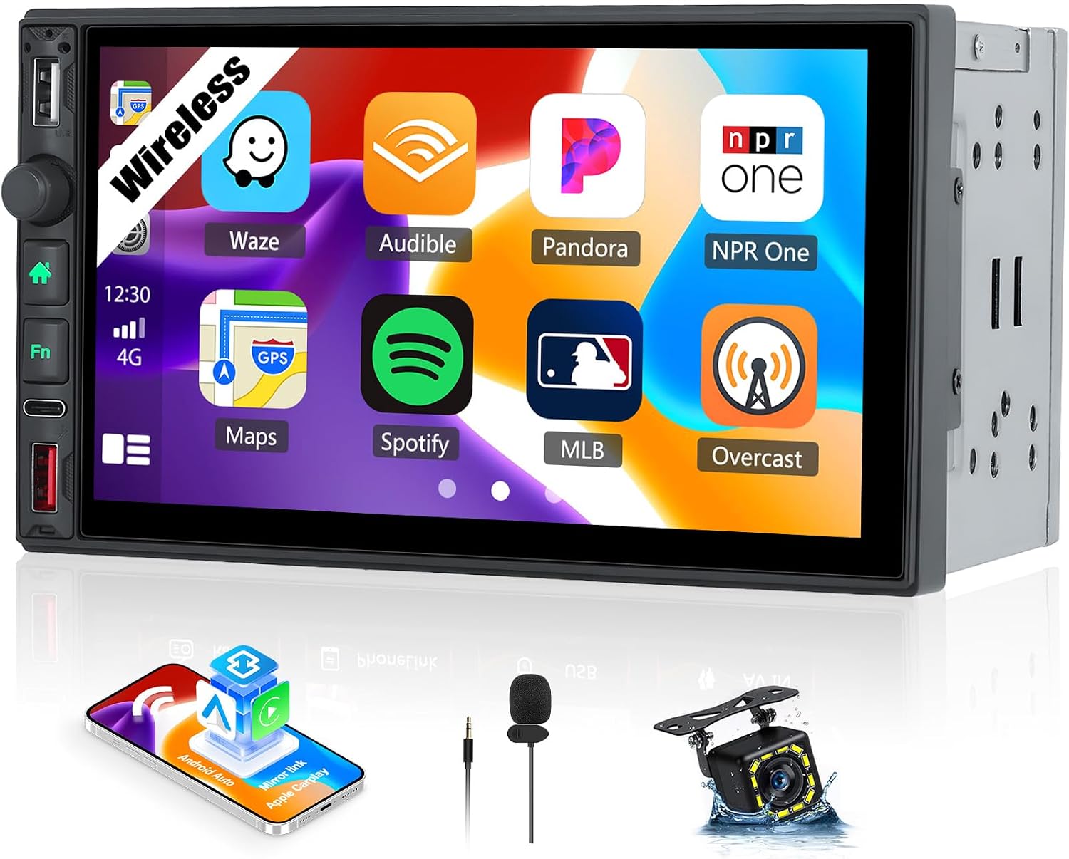 OiLiehu Double Din Car Stereo Wireless CarPlay Android Auto, 7" Car Radio 2 Din with IPS Touchscreen, MP5 Multimedia Player with Mirror Link, Bluetooth, FM/AM/RDS, USB, Type-C, EQ, SWC, Backup Camera