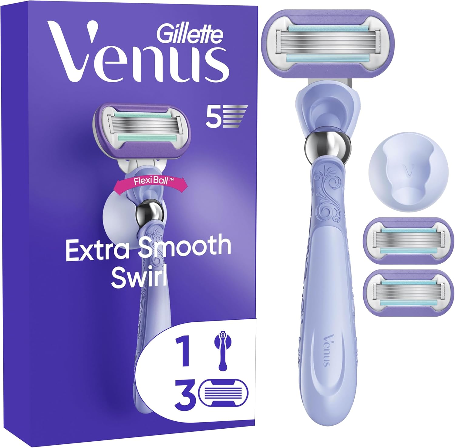 Gillette Venus Extra Smooth Swirl Women’s Razor, 3 Refill Razor Cartridges, Pivoting Reusable Handle and Shower Holder