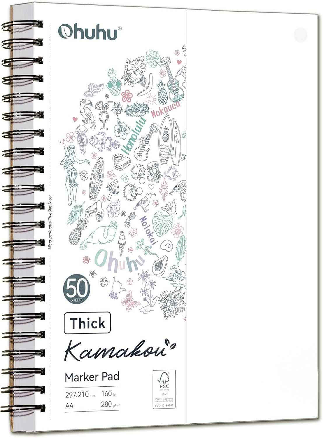 Ohuhu A4 Double-Sided Bleedproof Sketchbook, 280 GSM Super Thick Paper, 50 Sheets (100 Pages), Spiral Bound A4 Marker Pad for Alcohol Markers, Ink & Watercolour