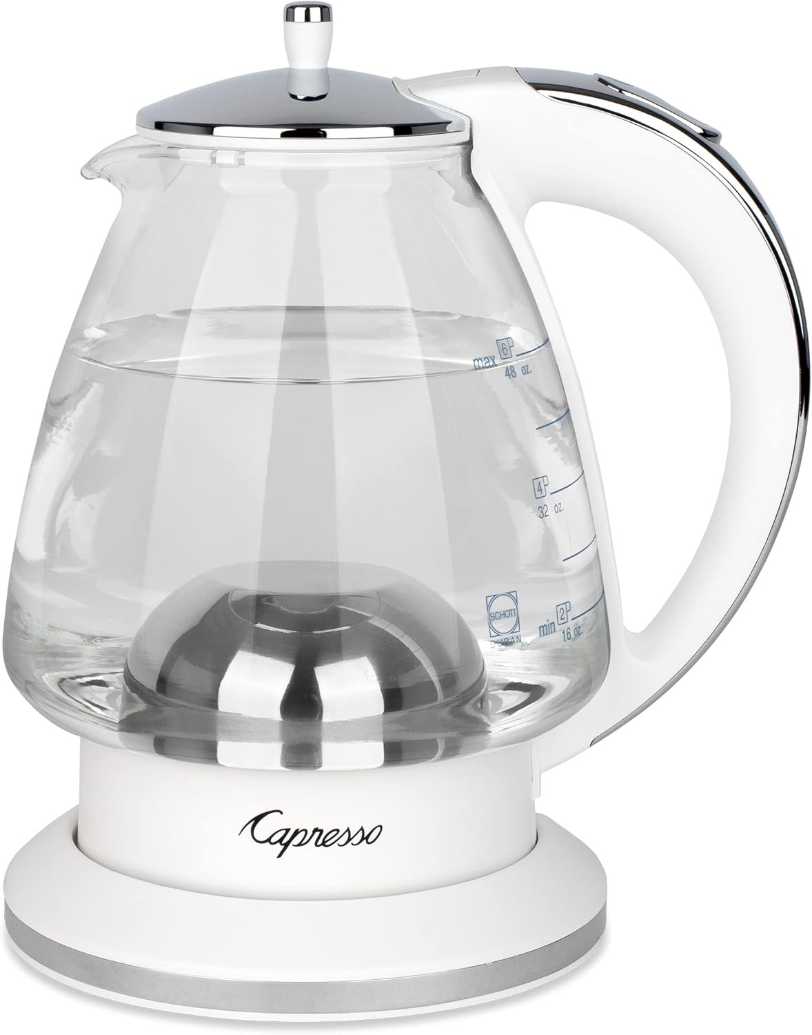 Capresso H2O Glass Kettle, 240.02, White and polished chrome, 48 ounces