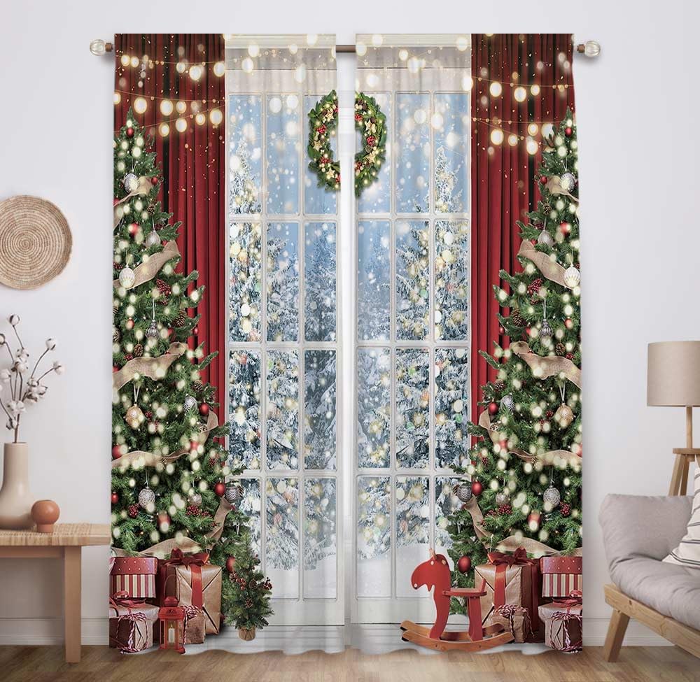 Allenjoy Christmas Window Curtain Winter Xmas Tree Glitter Bokeh Print Curtains Home Decor Rod Pocket Darkening Drapes for Bedroom Living Room 82 in x 84 in