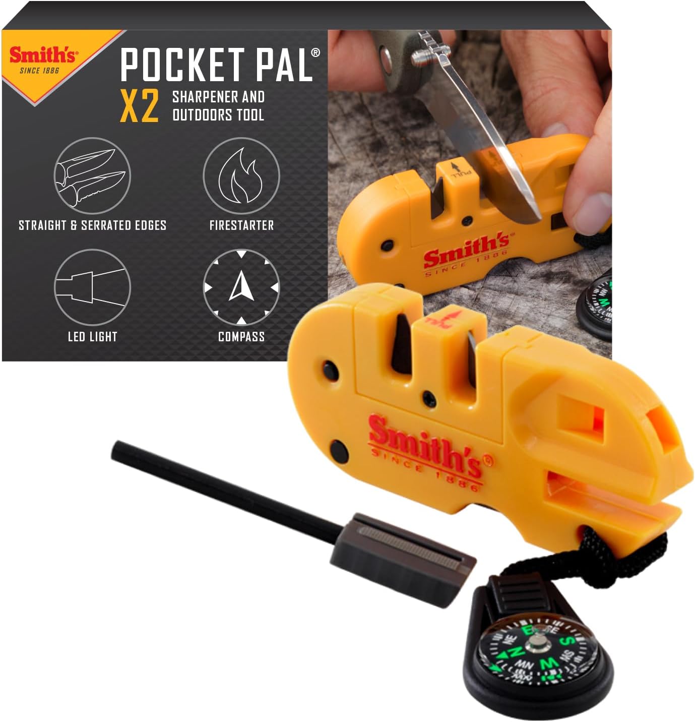 Smith’s 50364 Pocket Pal X2 Sharpener & Outdoors Tool – Yellow – Coarse and Fine – LED Light – Fire Starter – Signal Whistle - Compass