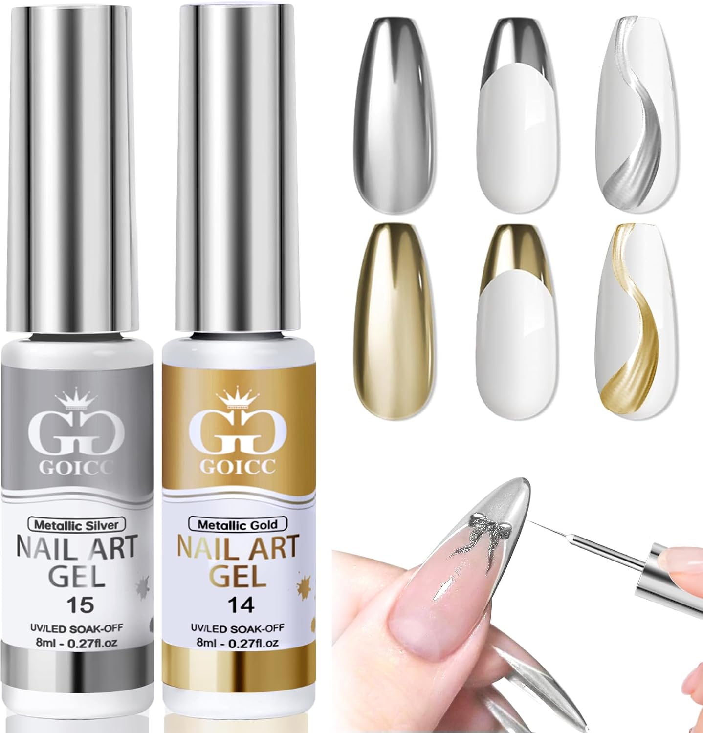 GOICC Chrome Gel Nail Polish 2PCS Silver Gold Metallic Gel Nail Polish Gel Liner Nail Art Polish 3D Nail Gel Mirror Effect For Nail Design Painting Gel Set With Thin Brush Soak off Curing Requires 8ml