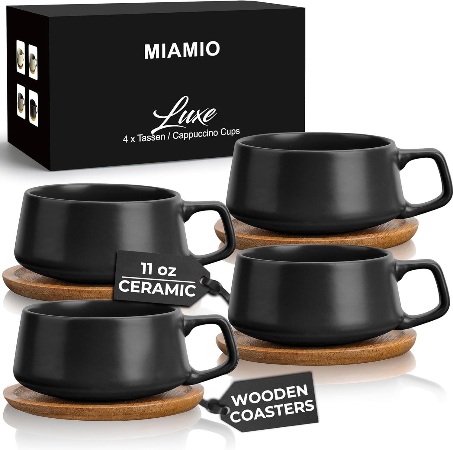 MIAMIO – 320 ml, Set of 4 Ceramic Tea Cup and Saucer Bamboo/Tea Mug - Wide Cappuccino Cup, Coffee Cups Ceramic Mug for Cappuccino, Latte, Espresso & Americano - Luxe Collection (Black)