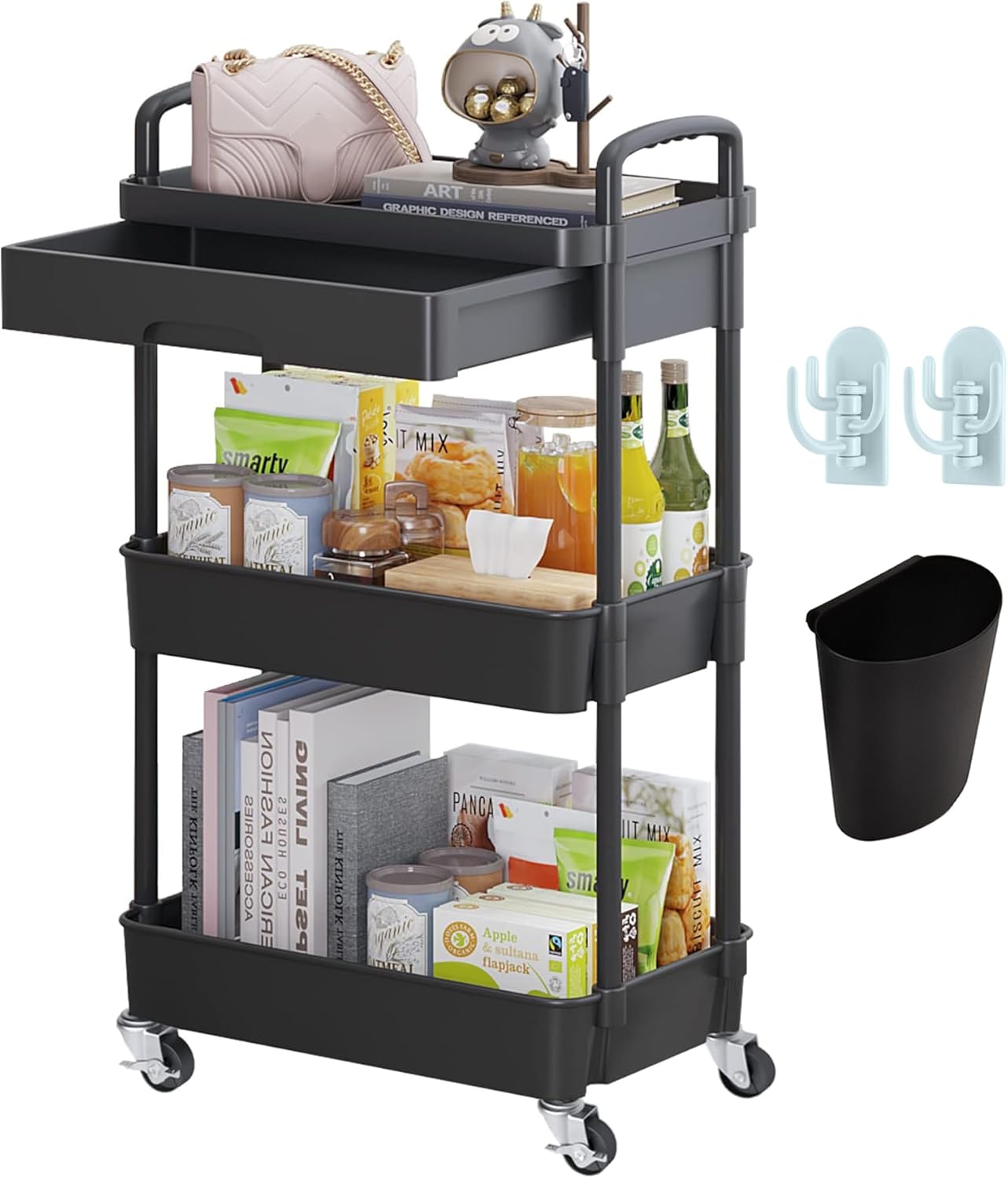 Wuciray Beauty Trolley on Wheels 3 Tier Storage Trolley with Drawer Plastic Beauty Trolleys Rolling Utility Cart for Home Kitchen Bathroom Laundry Office Black Storage Trolleys on Wheels Utility Cart