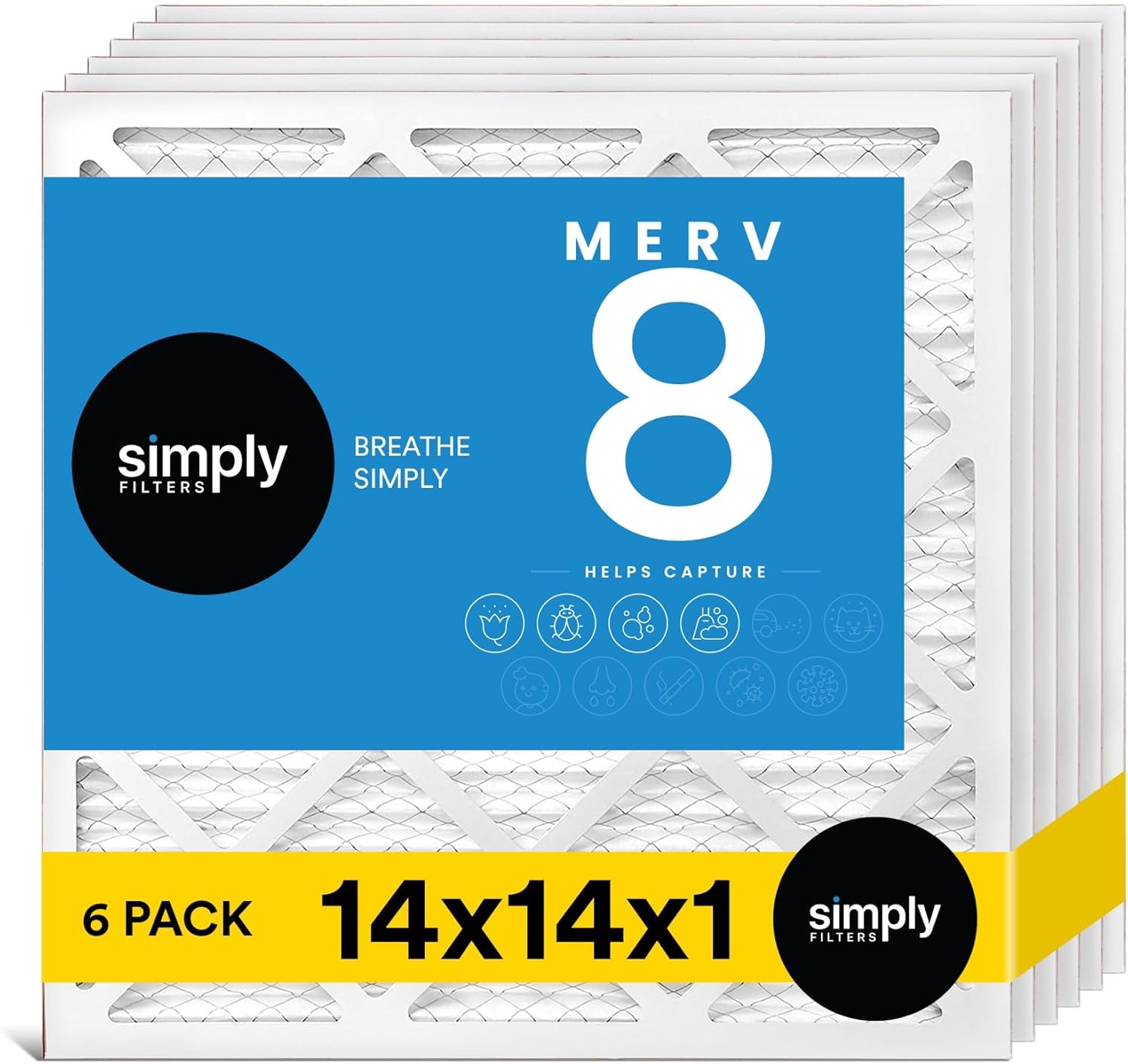 Simply 14x14x1 Air Filter, MERV 8, MPR 600, 6 Pack, For Home AC Furnace & HVAC (Actual Size: 13.75"x13.75"x0.75") DUST, Pet, & Allergy Control