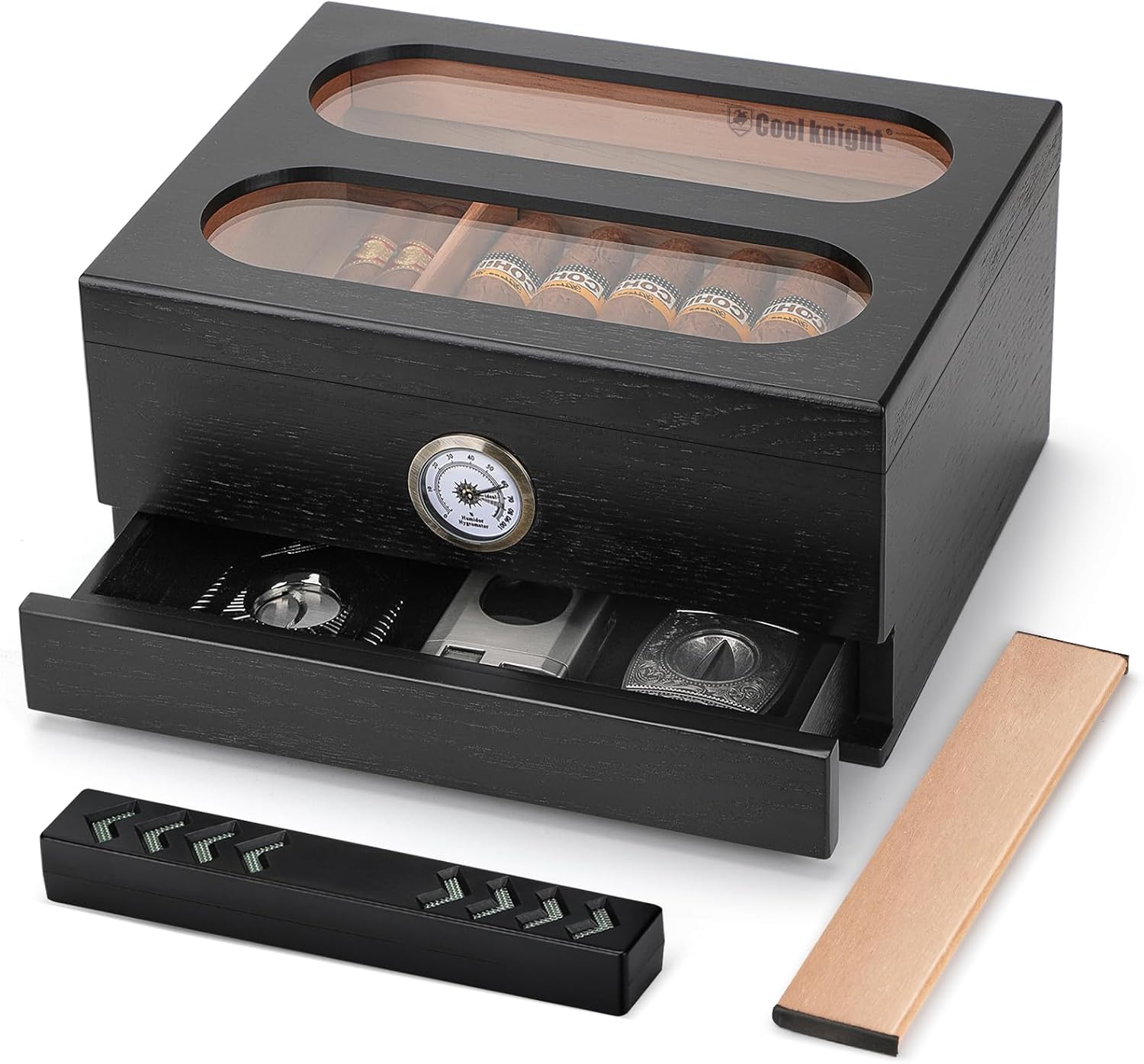 COOL KNIGHT Cigar Humidor with Front Hygrometer, Humidifier and Accessory Drawers-Tempered Glass Top Cigar Humidor Box - Spanish Cedar Humidor-Desktop Humidor that can Hold 20-35 Cigars.