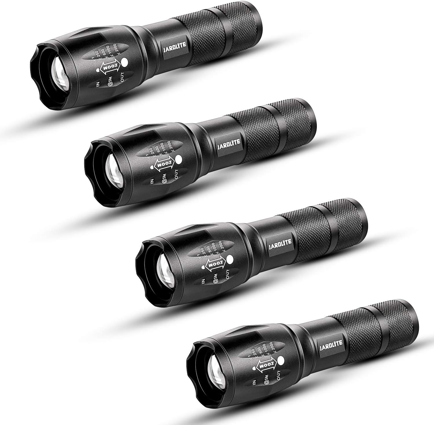LED Emergency Handheld Flashlight, 4 Pack, Adjustable Focus, Water Resistant with 5 Modes, Best Tactical Torch for Hurricane, Camping, Dog Walking