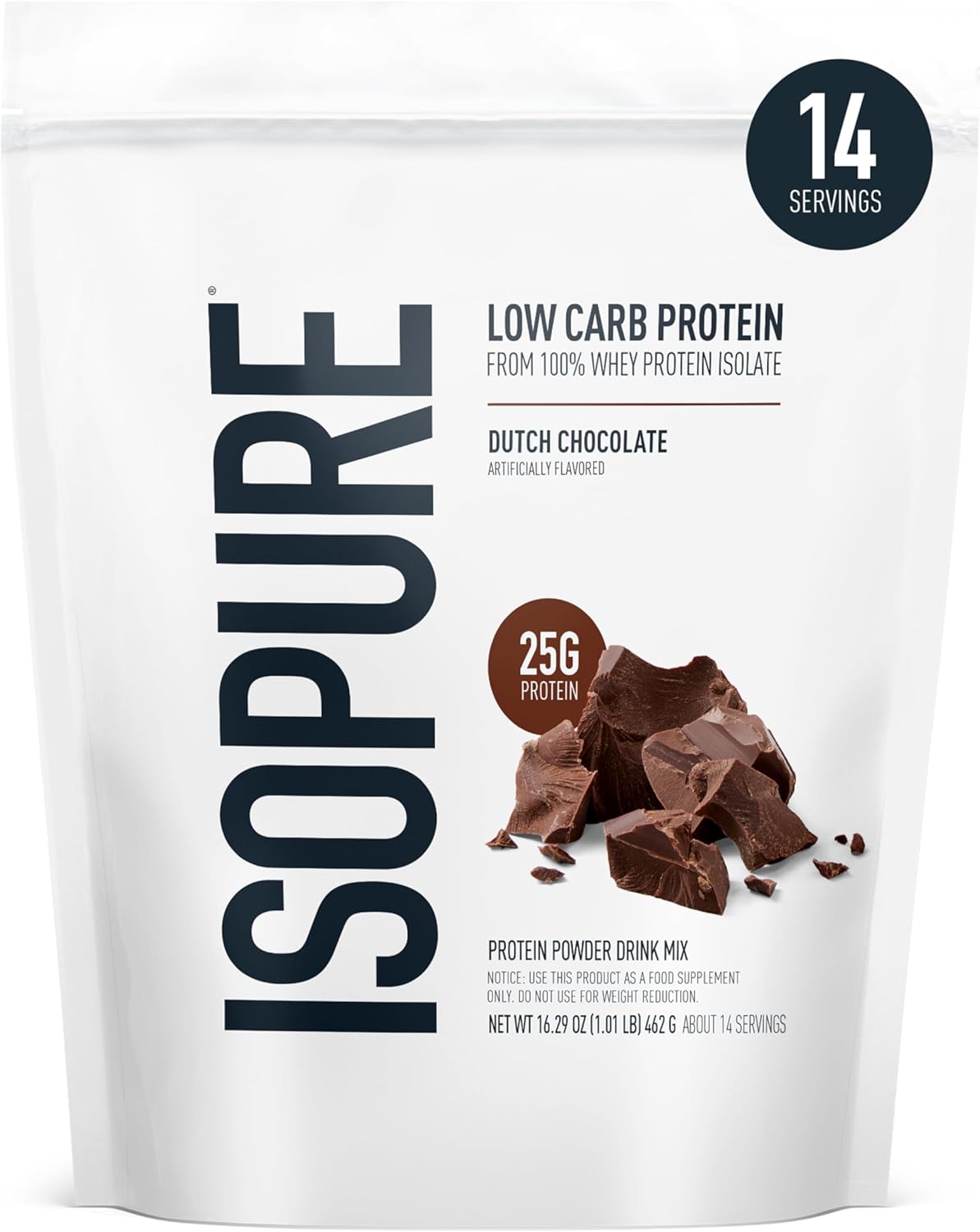 Isopure Low Carb 100% Pure Whey Isolate Protein Powder, Lactose Free, Gluten Free, With Vitamins, Dutch Chocolate, 25g Protein Per Serving, 1 Lb, 14 Servings (Packaging May Vary)