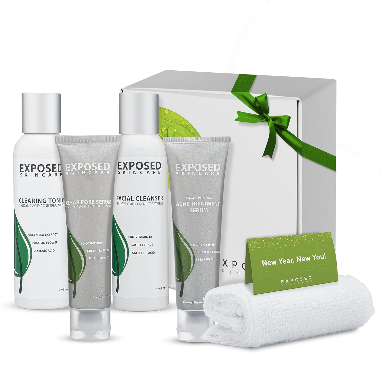 Exposed Skin Care Basic Acne Treatment Kit - Includes Salicylic Acid Face Wash, Clearing Tonic, Acne Treatment Serum with Benzoyl Peroxide, Clear Pore Serum - Acne Set Solution for All Skin Types