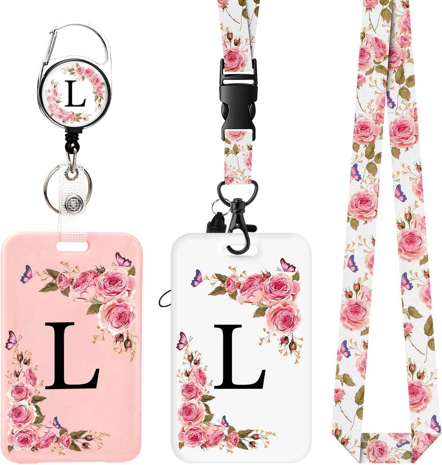 2 Pack A-Z Letter Lanyard with Card Holders, Personalized Card Holders with Retractable Badge Reels and Detachable Lanyard Straps for Women Nurse Teacher Student School Office (L)