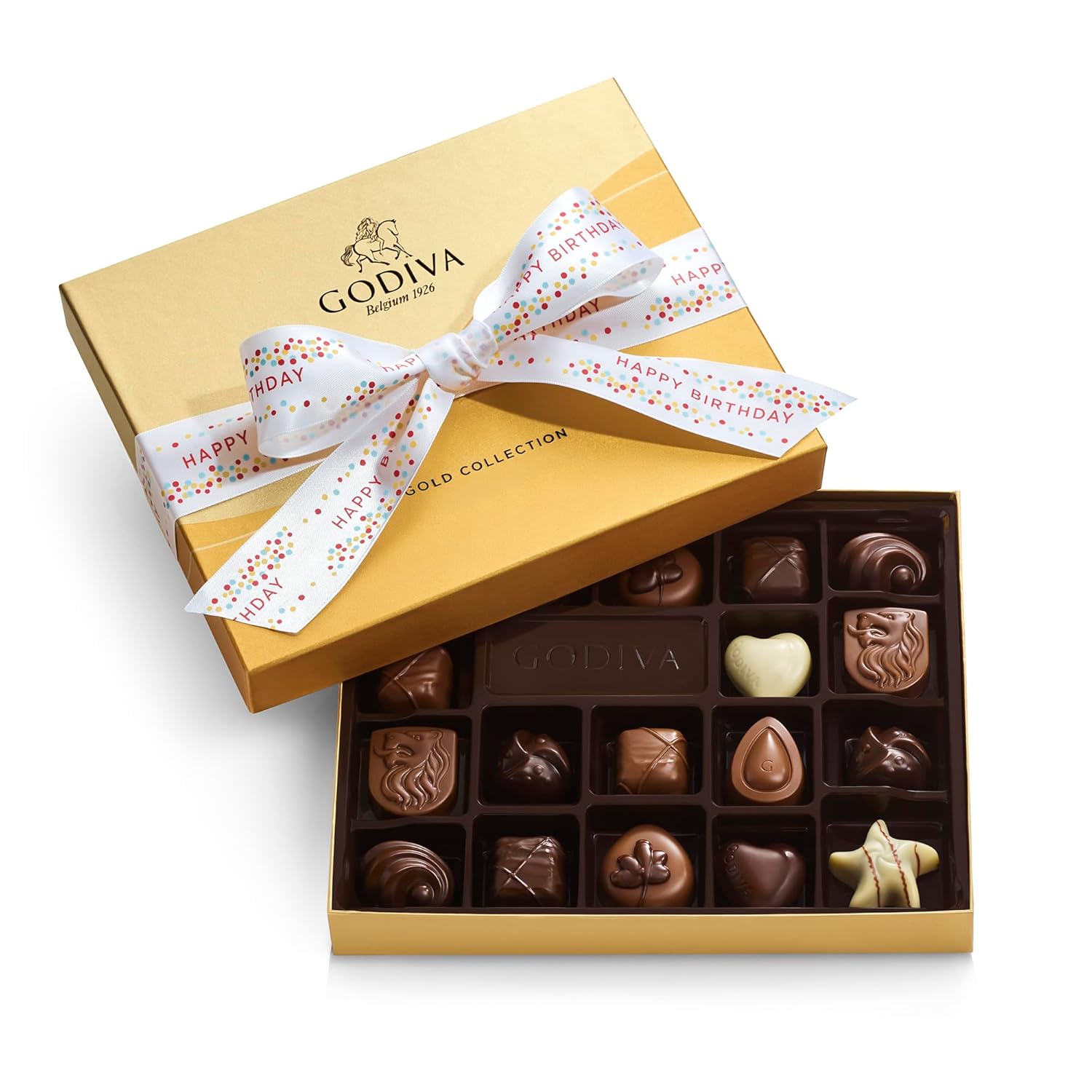 Godiva Chocolatier Birthday Ribbon 18-Piece Assorted Chocolate Gift Box – Gourmet Chocolate Candy Variety Pack – Dark Caramel, Milk Chocolate, Nuts– Gift Basket for Birthday and Anniversary