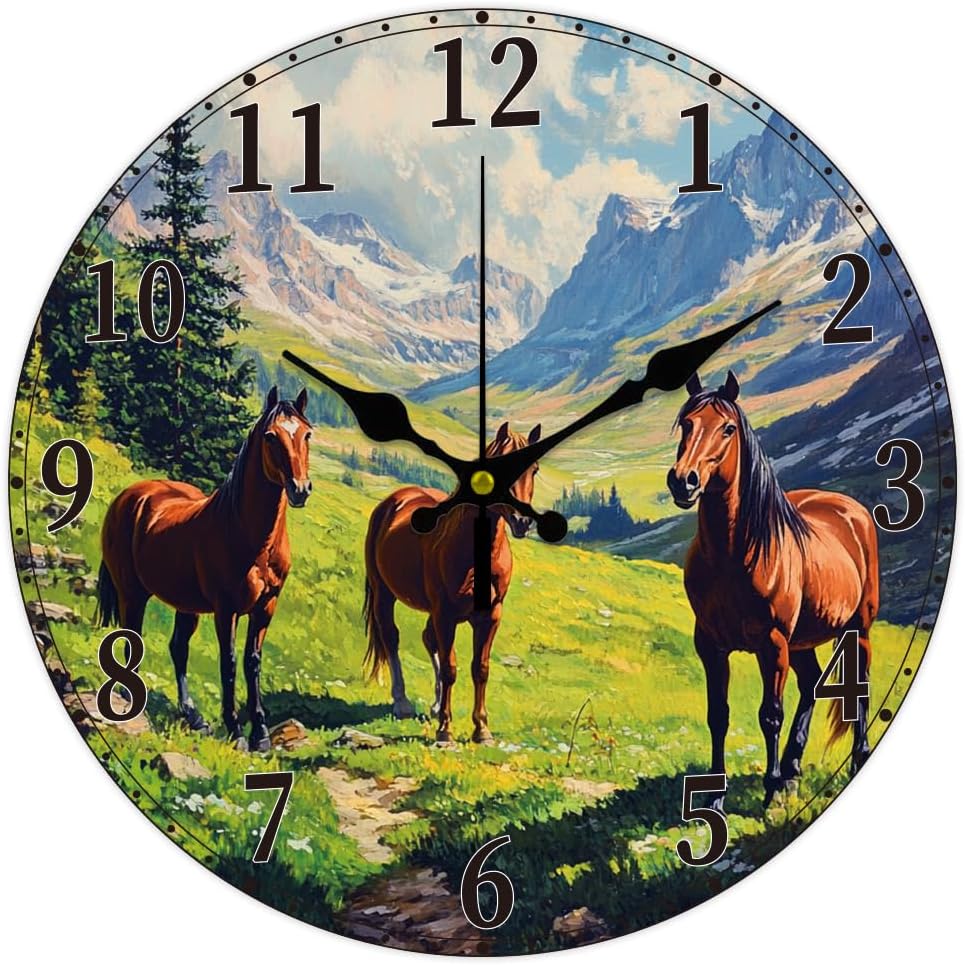 CHGCRAFT 12inch Horse Valley Wall Clock Battery Operated Silent Non Ticking Round Decorative Clock for Office Home Living Room Bedroom Bathroom Kitchen Decor, Horse