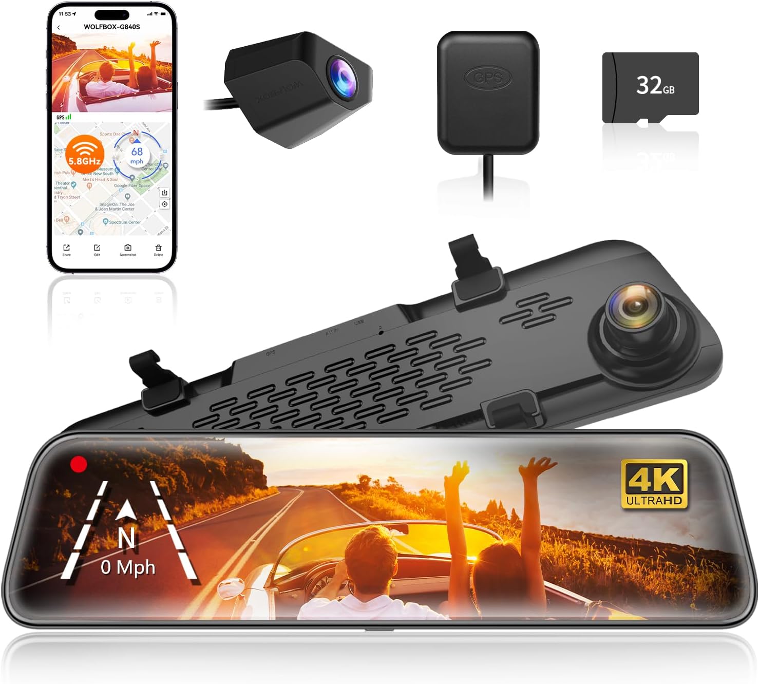 WOLFBOX G840S 12" 4K Mirror Dash Cam with 5.8GHz WiFi, 2160P Full HD Smart Rearview Mirror for Cars & Trucks, Front and Rear Dual Cameras, Night Vision, Reverse Assist, Included 32GB Card & GPS