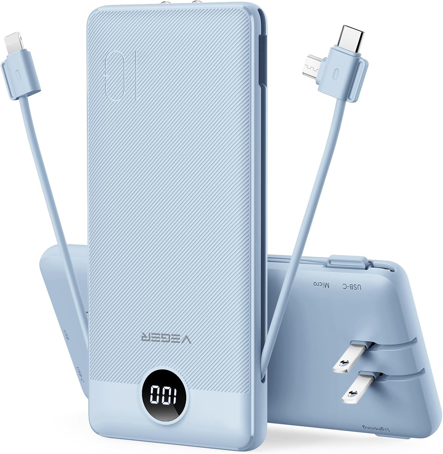 VEGER Portable Charger for iPhone Built in Cables and Wall Plug, 10000mah Slim Fast Charging USB C Power Bank, Travel Essential Battery Pack Compatible with iPhone, iPad, Samsung More Devices(Black)