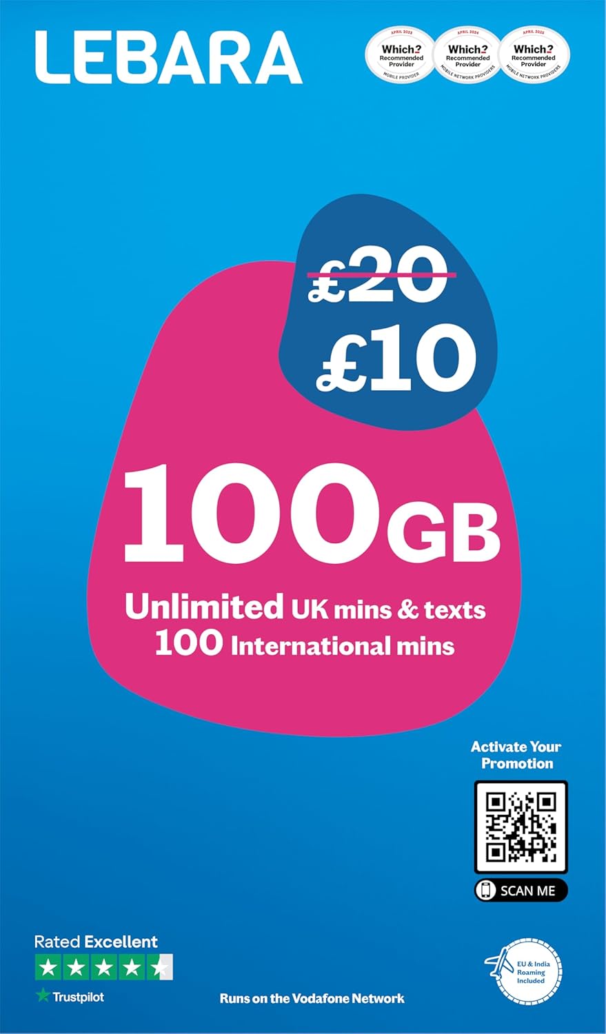 Lebara Mobile SIM Card: 100GB Data Plan for £10, Half Price for First 3 Months, No Contract, UK Calls, Texts, International Minutes, EU and India Roaming Included, Fits All Devices