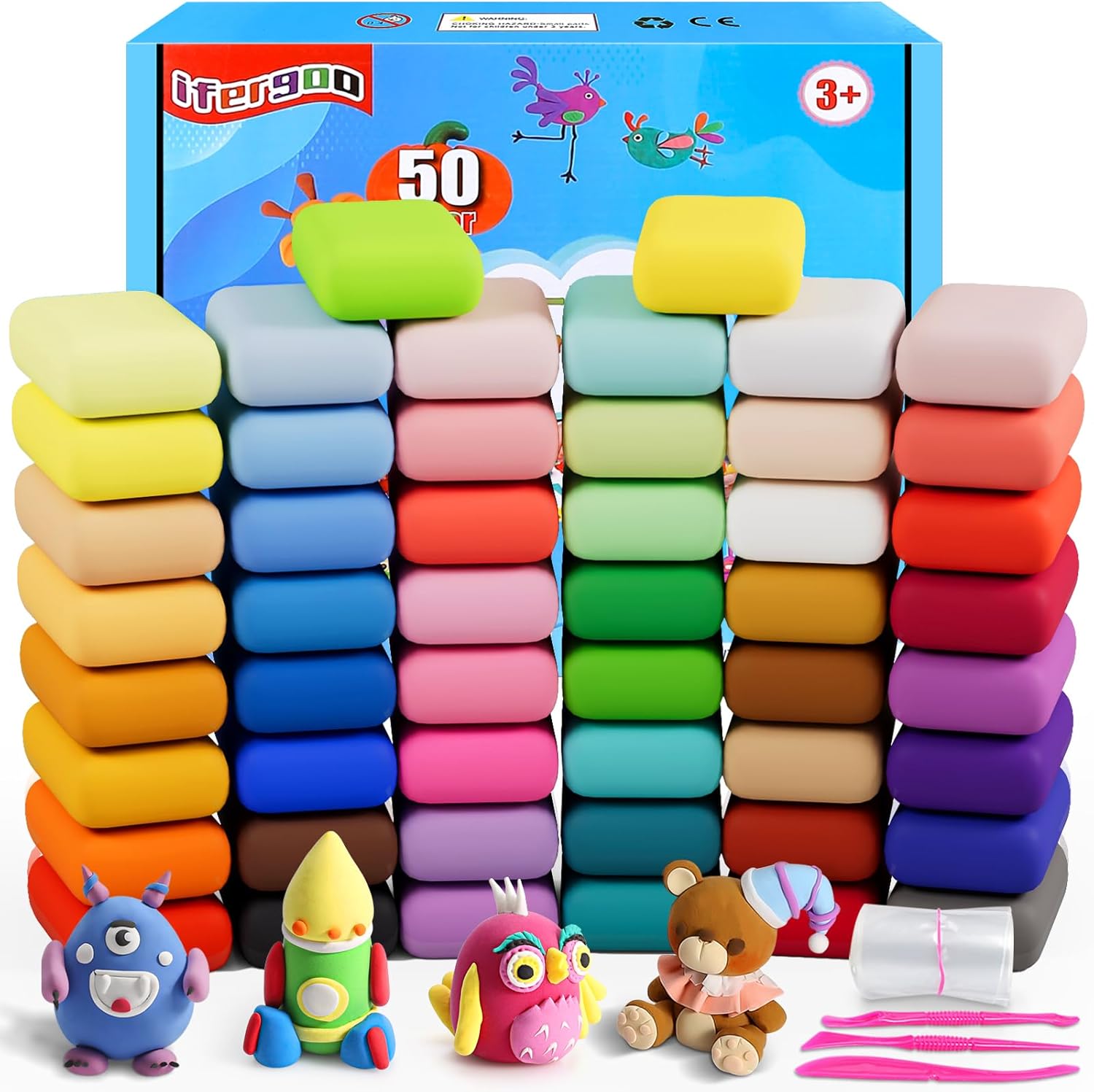 iFergoo Air Dry Clay, 50 Colours Modelling Clay for Kids, Safe and No-Toxic Modeling Clay & Dough, Soft & Stretchable DIY Magic Clay with Tools, Children Boys Girls Toys