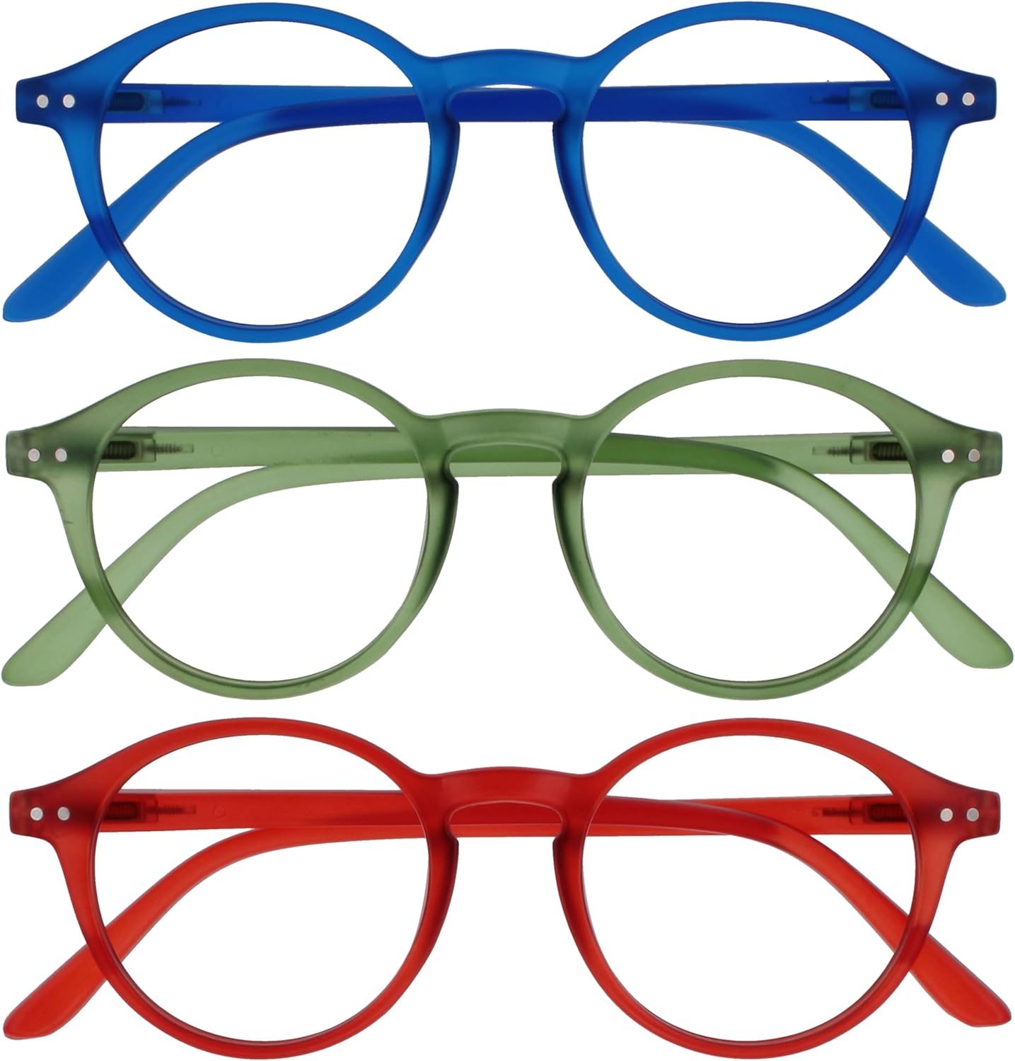 OPULIZE REY Reading Glasses for Women Men, Retro Round Frame with Spring Hinges, Matte Blue, Green, Red +2.50 (Pack of 3)