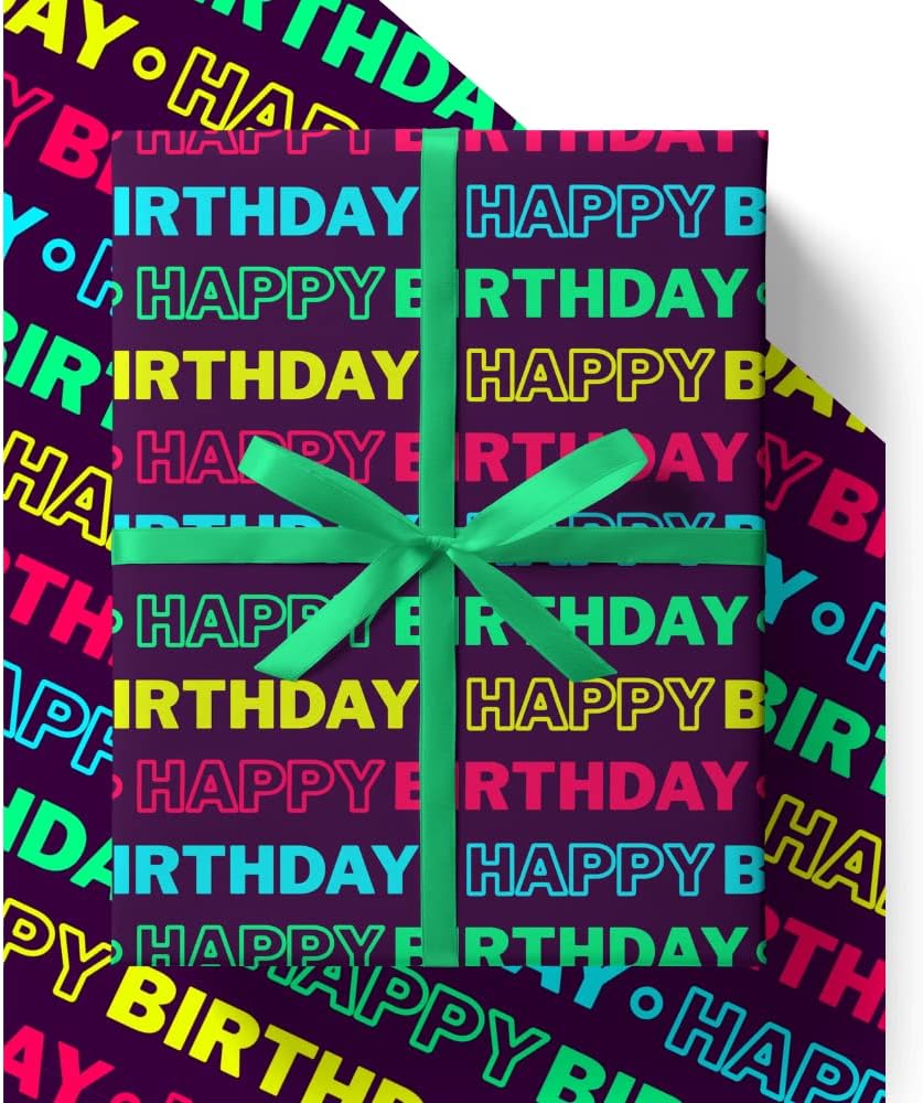 4 x Neon Birthday Wrapping Paper - HUGE 43% BIGGER [84cm x 60cm] Eco Friendly Premium Recyclable Gift Wrap for Men, Women, Boys or Girls (4 Sheets & 4 Tags)