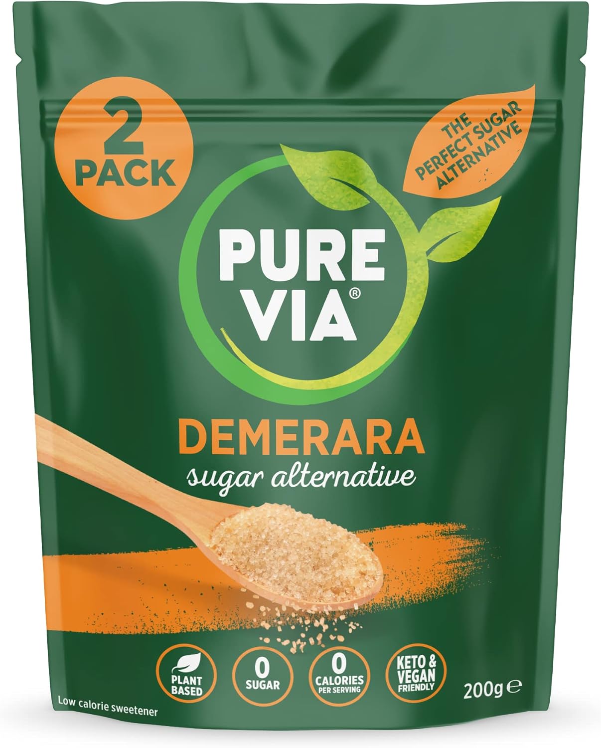 Pure Via Demerara Sugar - Alternative with Erythritol and Stevia, Vegan and Keto Friendly - 2 x 200g