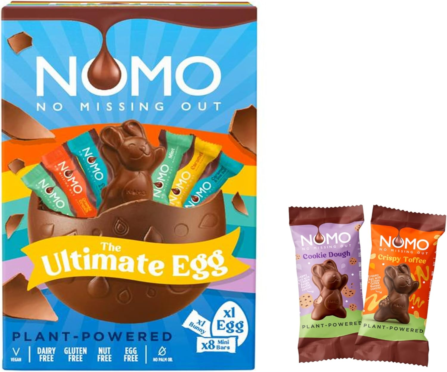 NOMO Vegan Alternative to Milk Chocolate Easter Egg with Bunnies and Mini Bars - Dairy Free - Gluten Free - Egg Free - Nuts Free - Plant-Powered