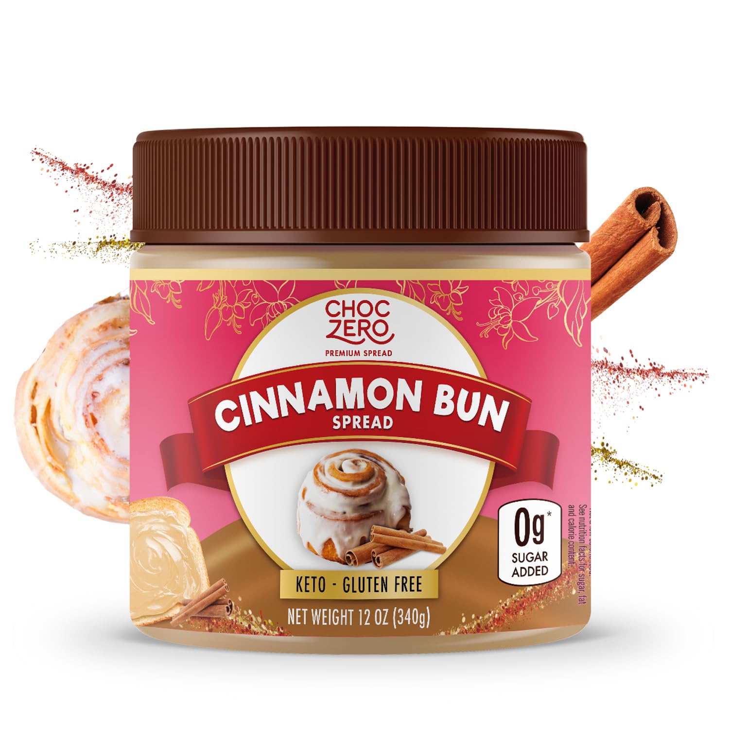 ChocZero Cinnamon Bun Spread, No Added Sugar, High Fiber, Low Carb Keto Breakfast & Dessert Spread, 12 oz Jar