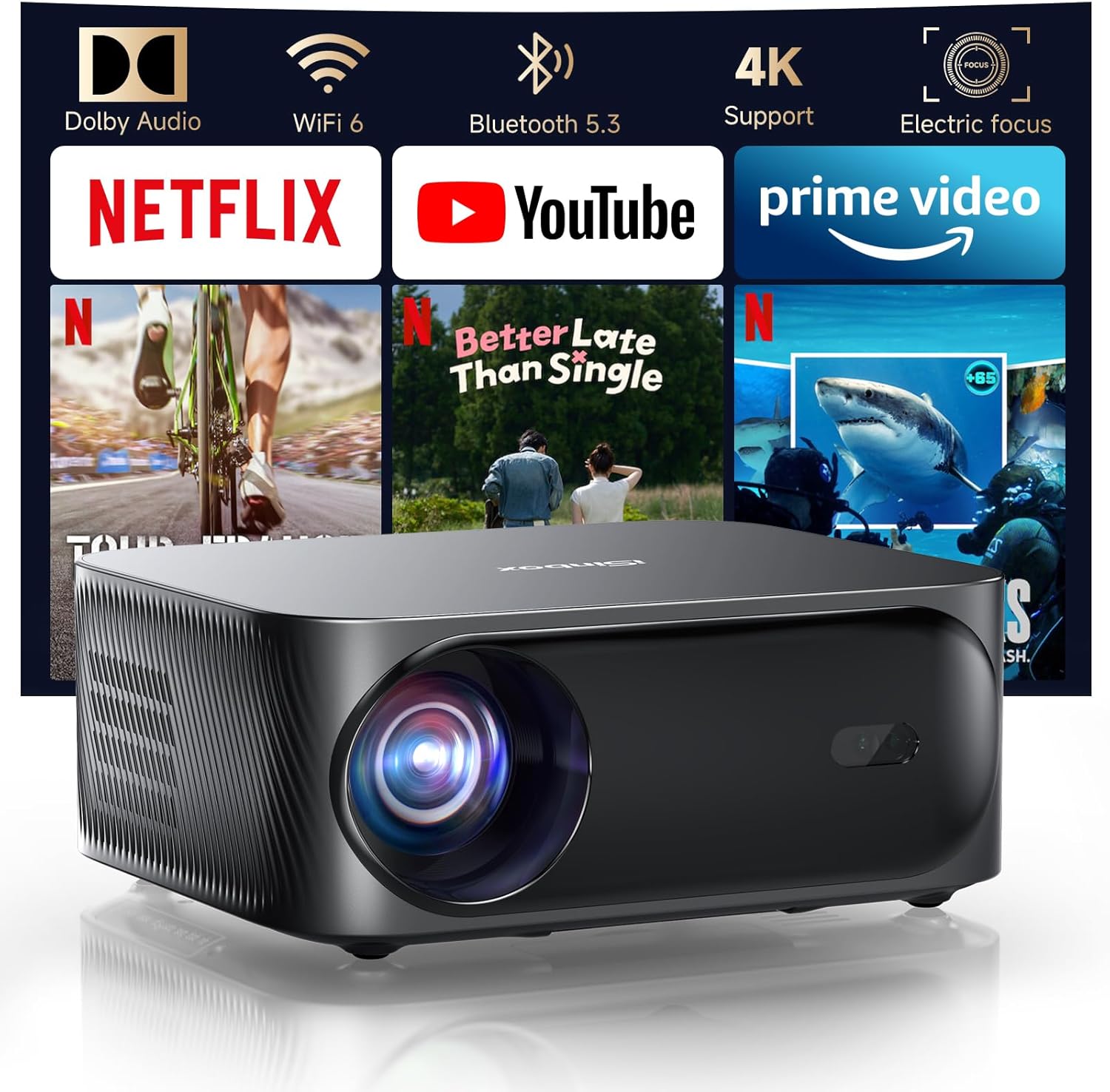 Smart 4K Projector, 30000 Lumen iSinbox WiFi6 Bluetooth Portable Projectors with Netflix App Audio, FHD 1080P with Electric Focus 4P Keystone, 100%-50% Zoom for Bedroom/Outdoor